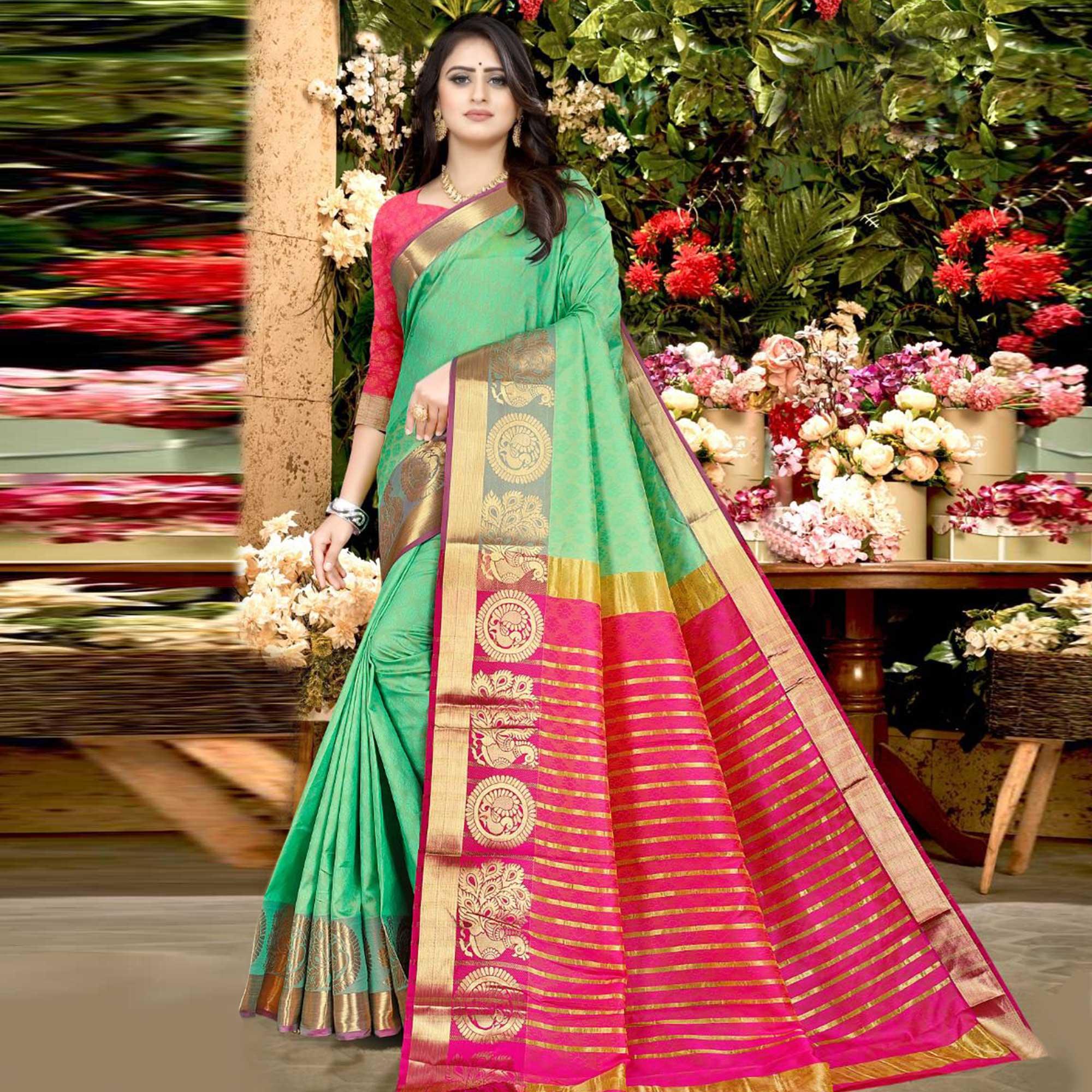 Sea Green Festive Wear Woven Soft Silk Saree - Peachmode