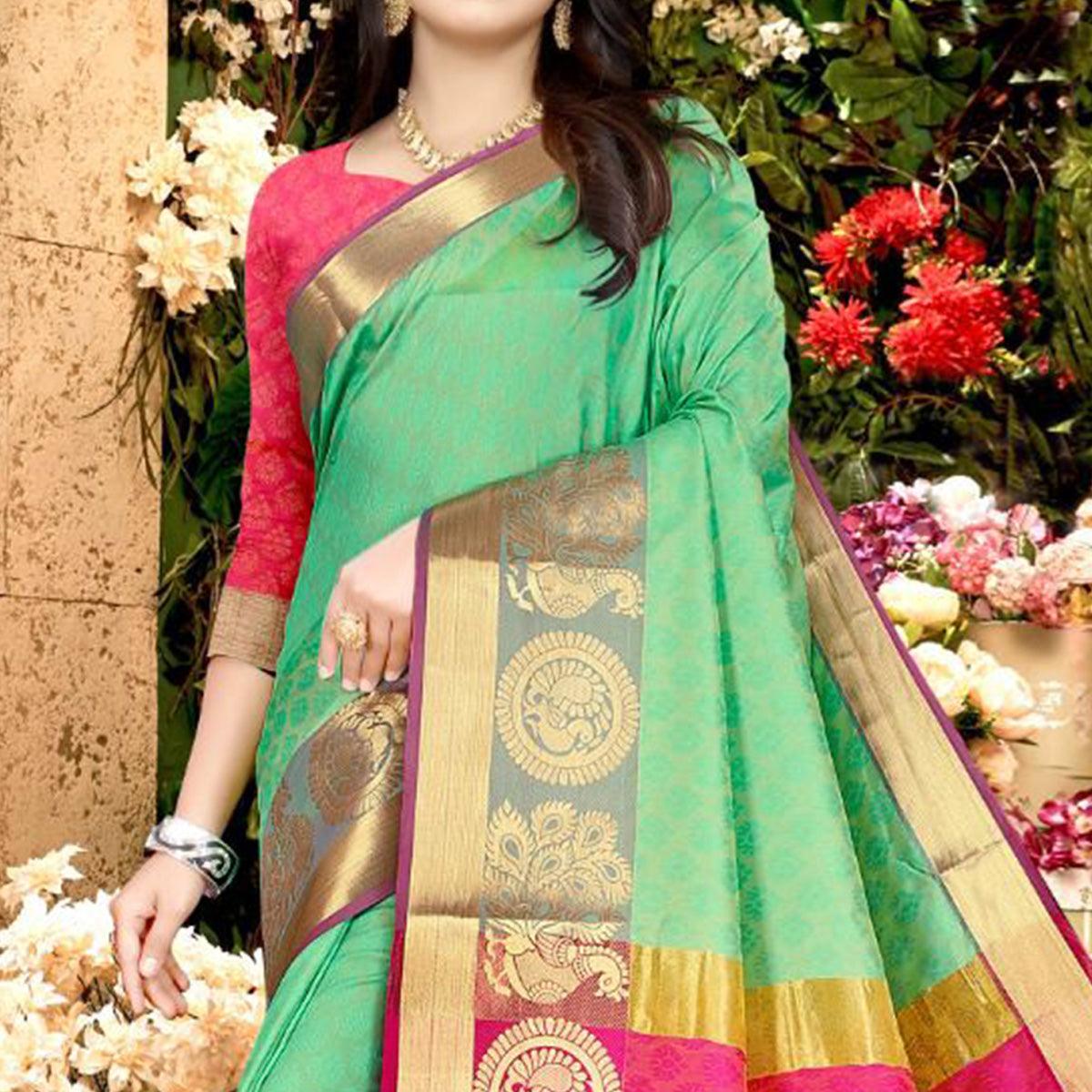 Sea Green Festive Wear Woven Soft Silk Saree - Peachmode