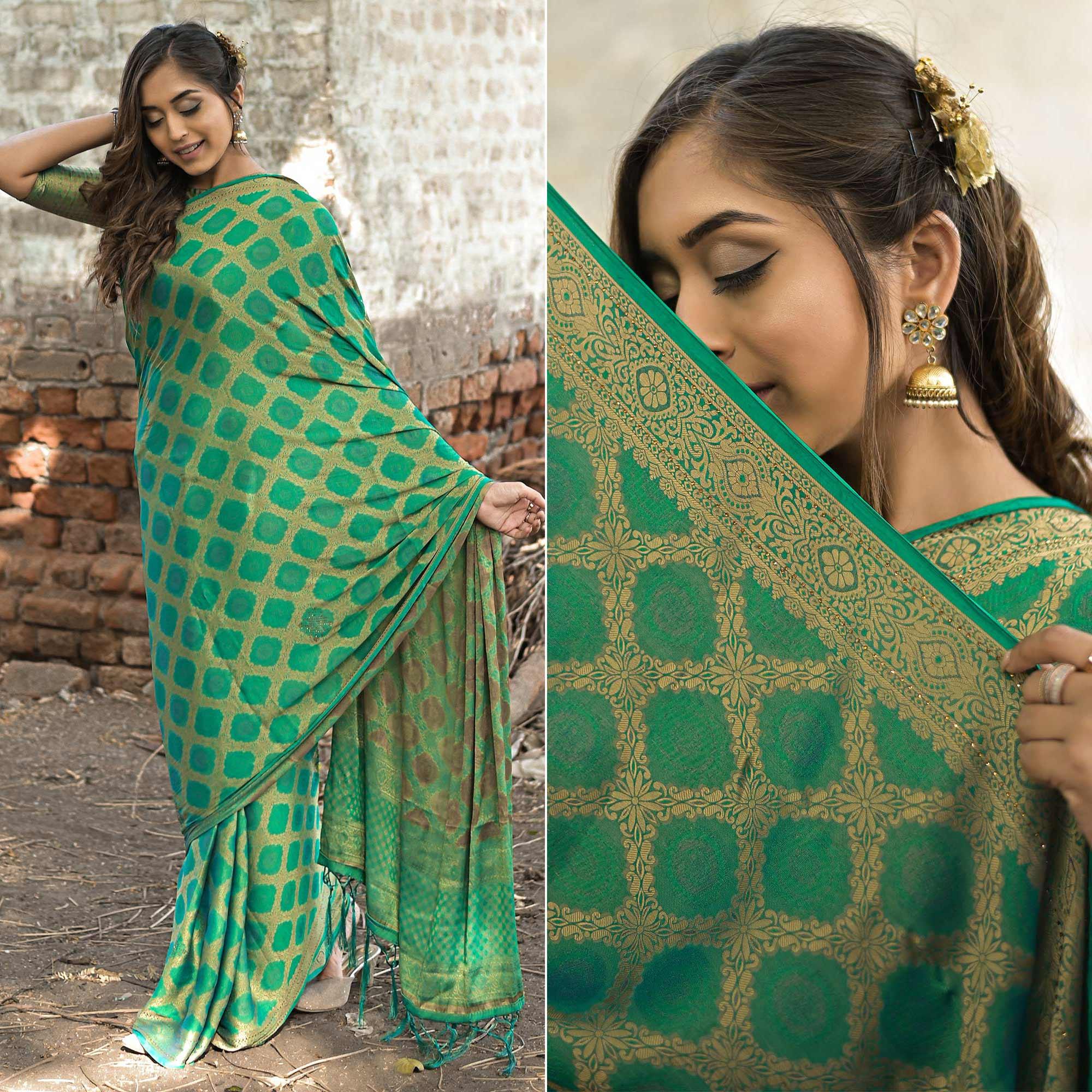 Sea Green Festive Wear Woven With Swarovski Art Silk Saree - Peachmode