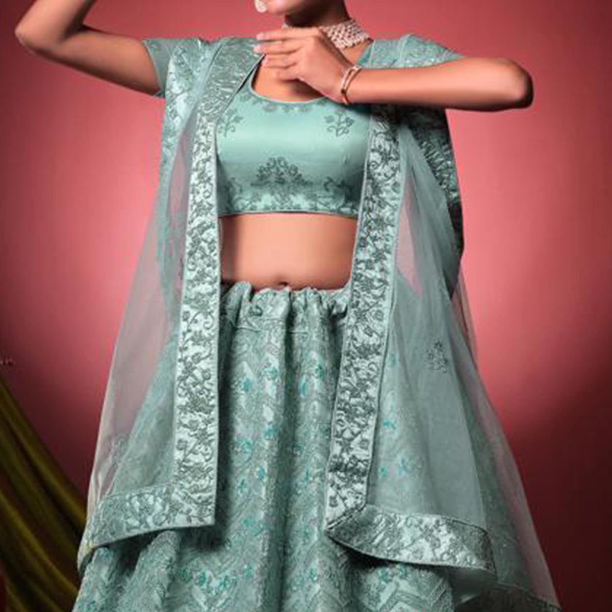 Sea Green Floral Embroidered Net Lehenga Choli - Peachmode