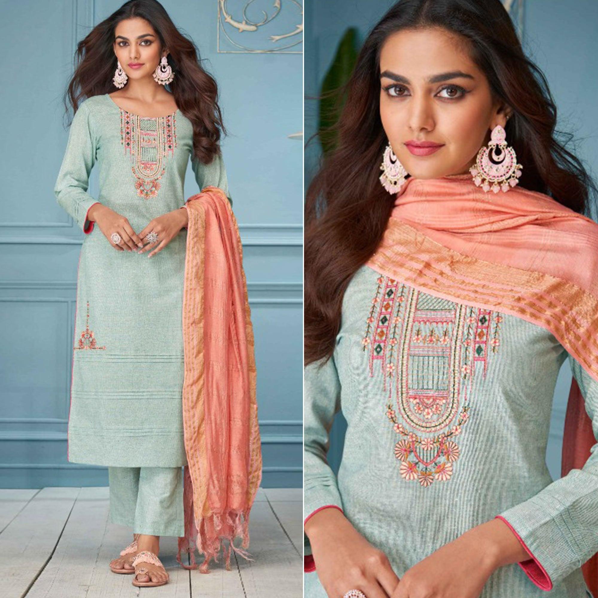 Sea Green Floral Embroidered Pure Cotton Kurti Pant Set With Dupatta - Peachmode