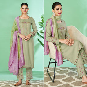 Sea-Green Floral Embroidered Rayon Kurti Pant Set - Peachmode