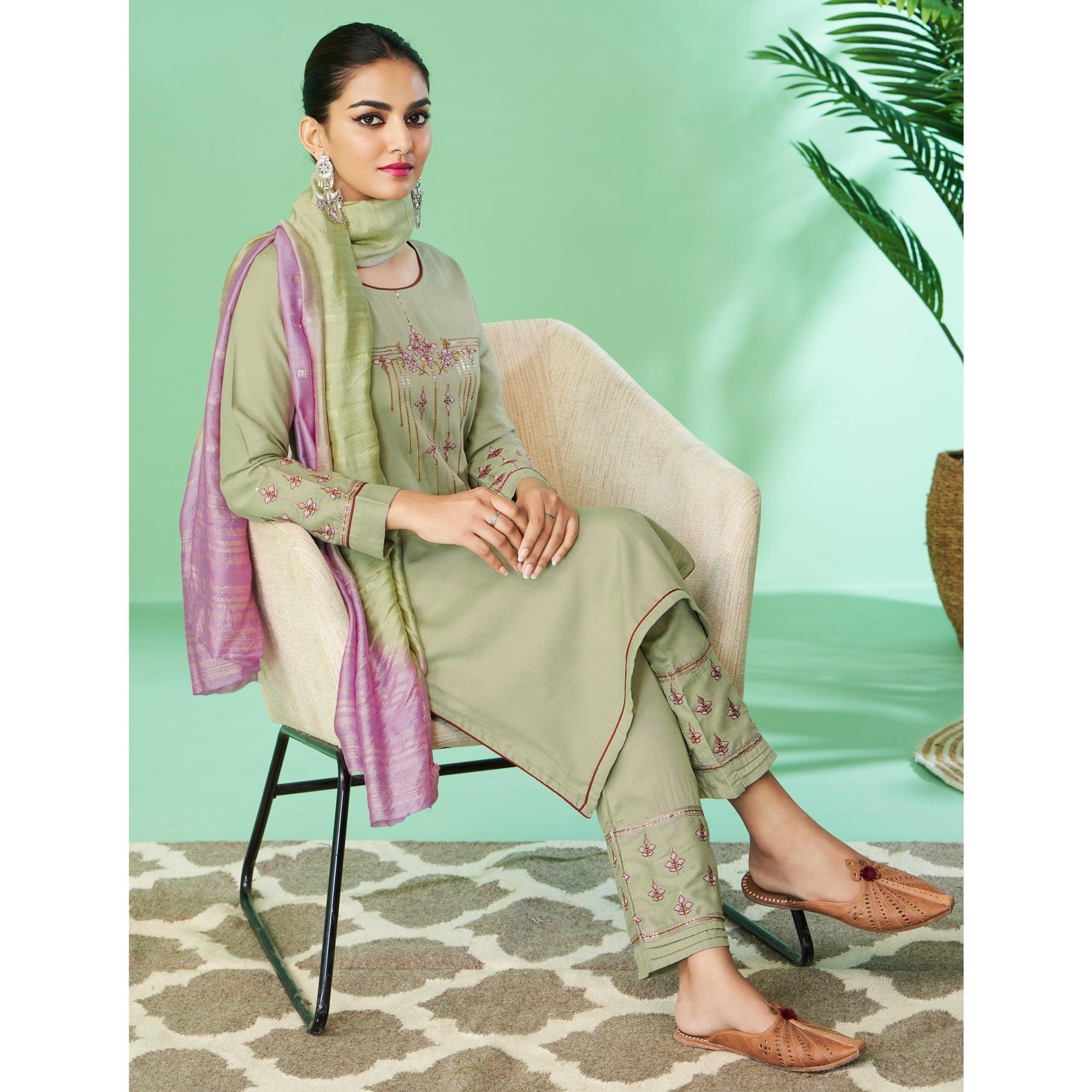 Sea-Green Floral Embroidered Rayon Kurti Pant Set - Peachmode