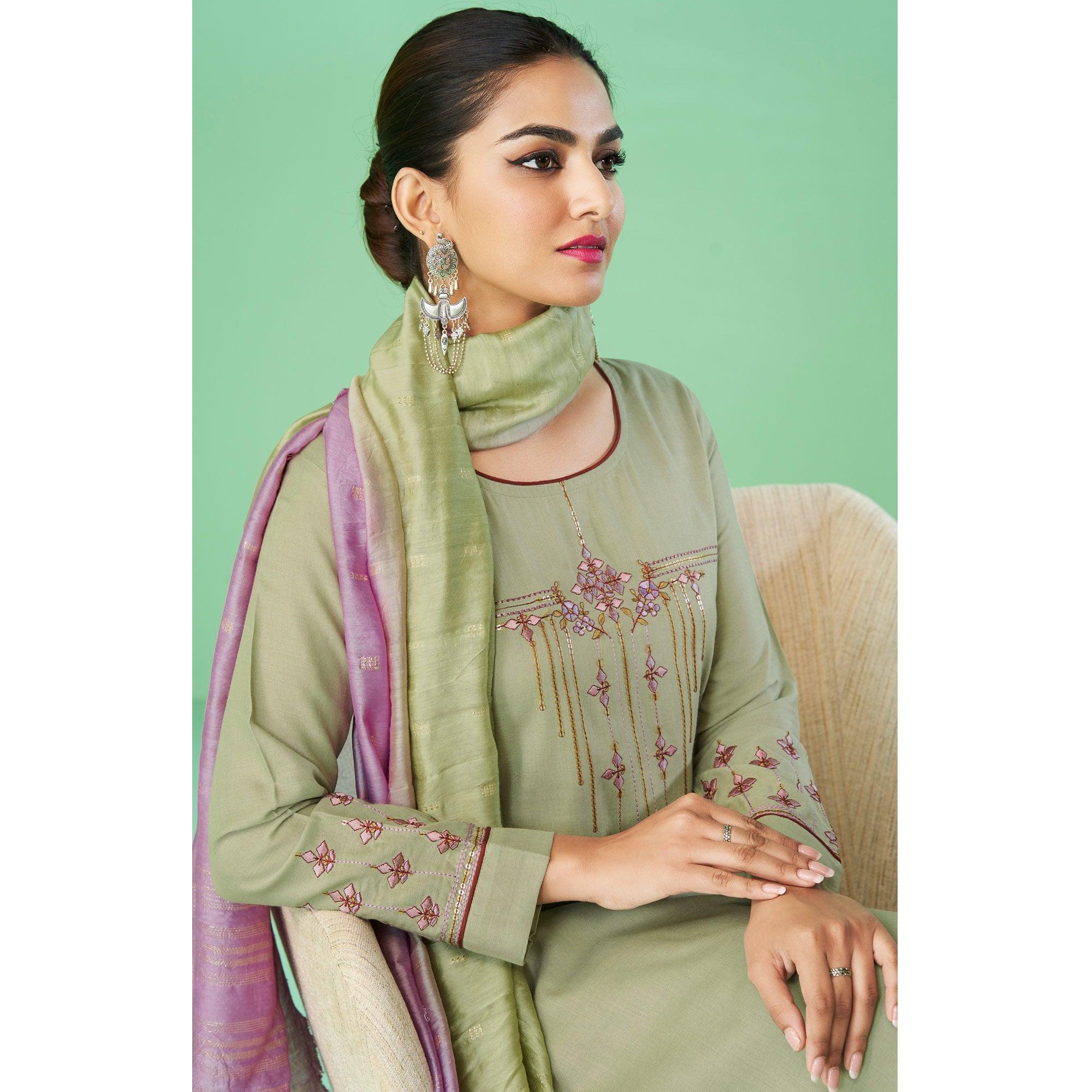 Sea-Green Floral Embroidered Rayon Kurti Pant Set - Peachmode