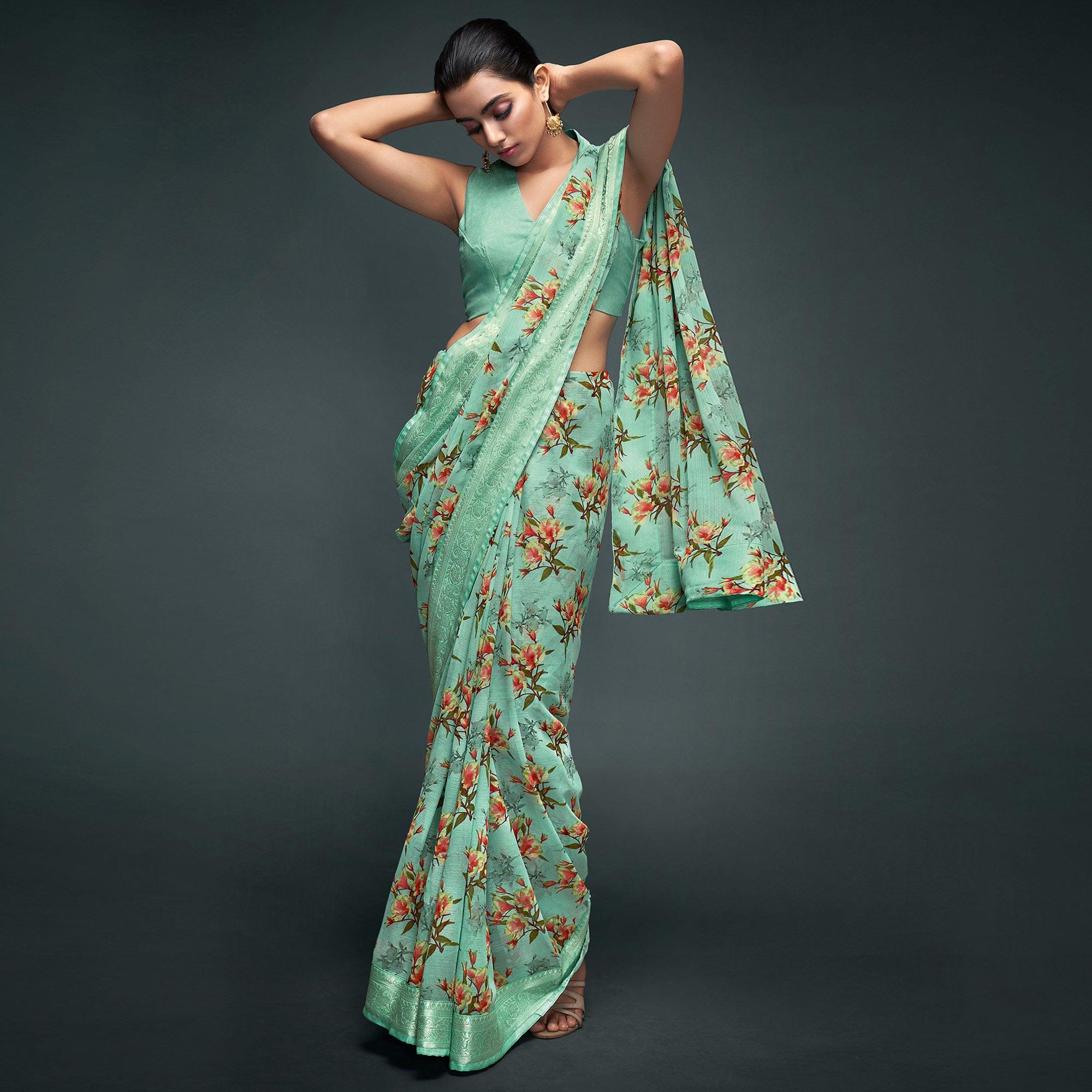 Sea Green Floral Printed Georgette Saree - Peachmode