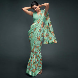 Sea Green Floral Printed Georgette Saree - Peachmode