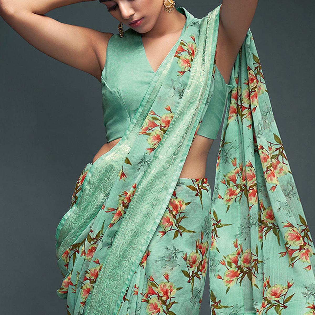 Sea Green Floral Printed Georgette Saree - Peachmode