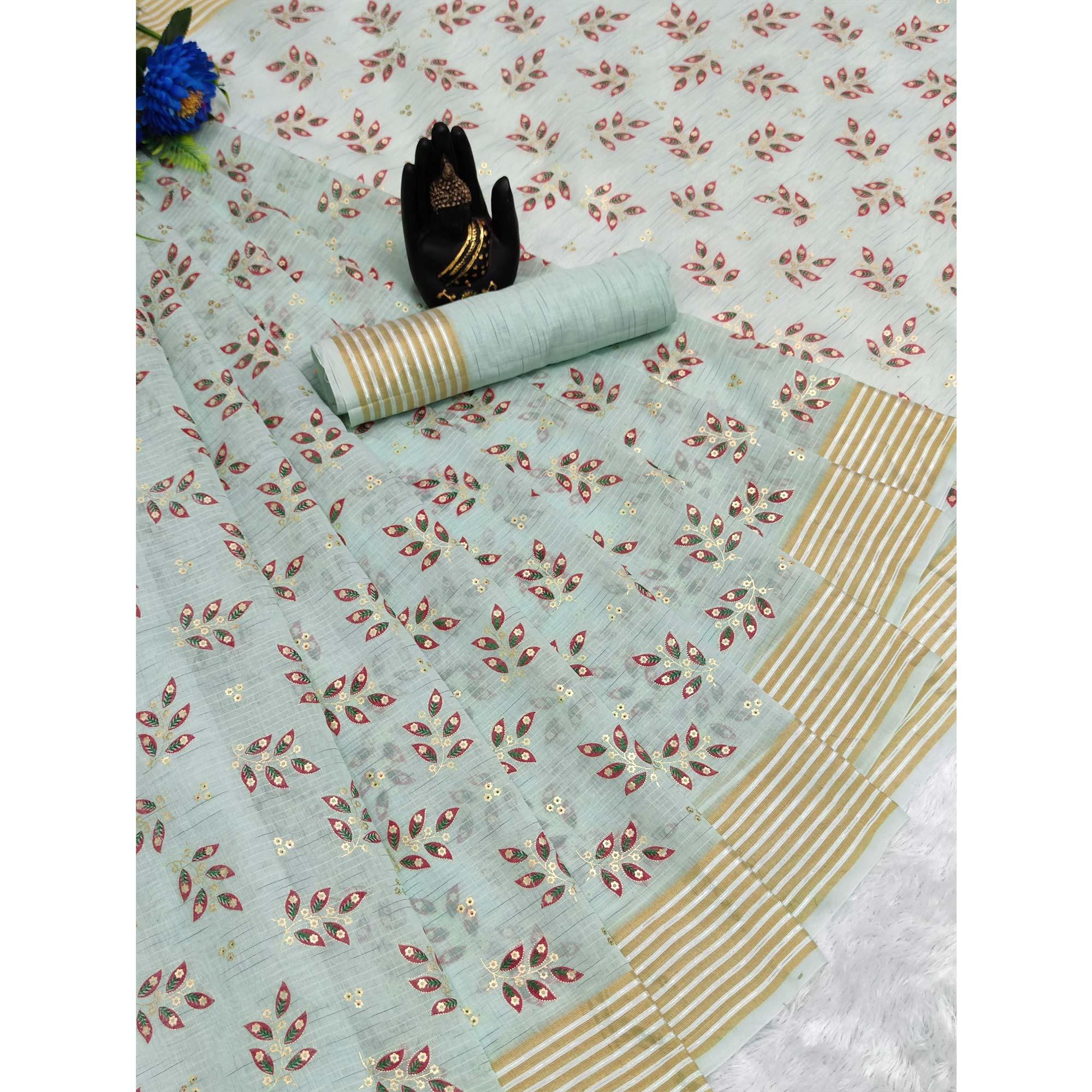 Sea Green Floral Printed Pure Cotton Saree - Peachmode