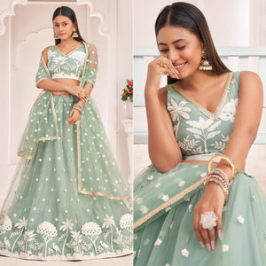 Sea Green Floral Sequence Embroidered Net Lehenga Choli - Peachmode