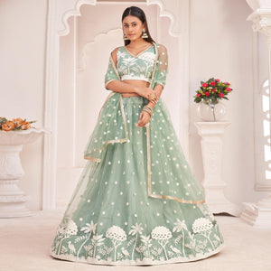 Sea Green Floral Sequence Embroidered Net Lehenga Choli - Peachmode