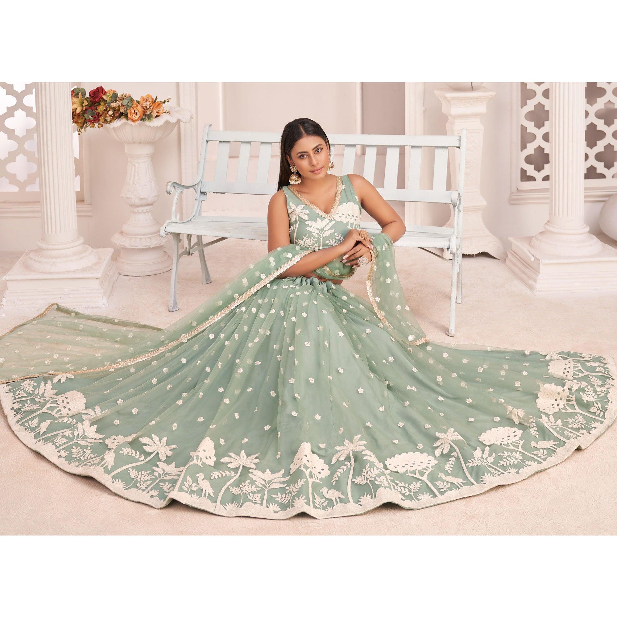 Sea Green Floral Sequence Embroidered Net Lehenga Choli - Peachmode