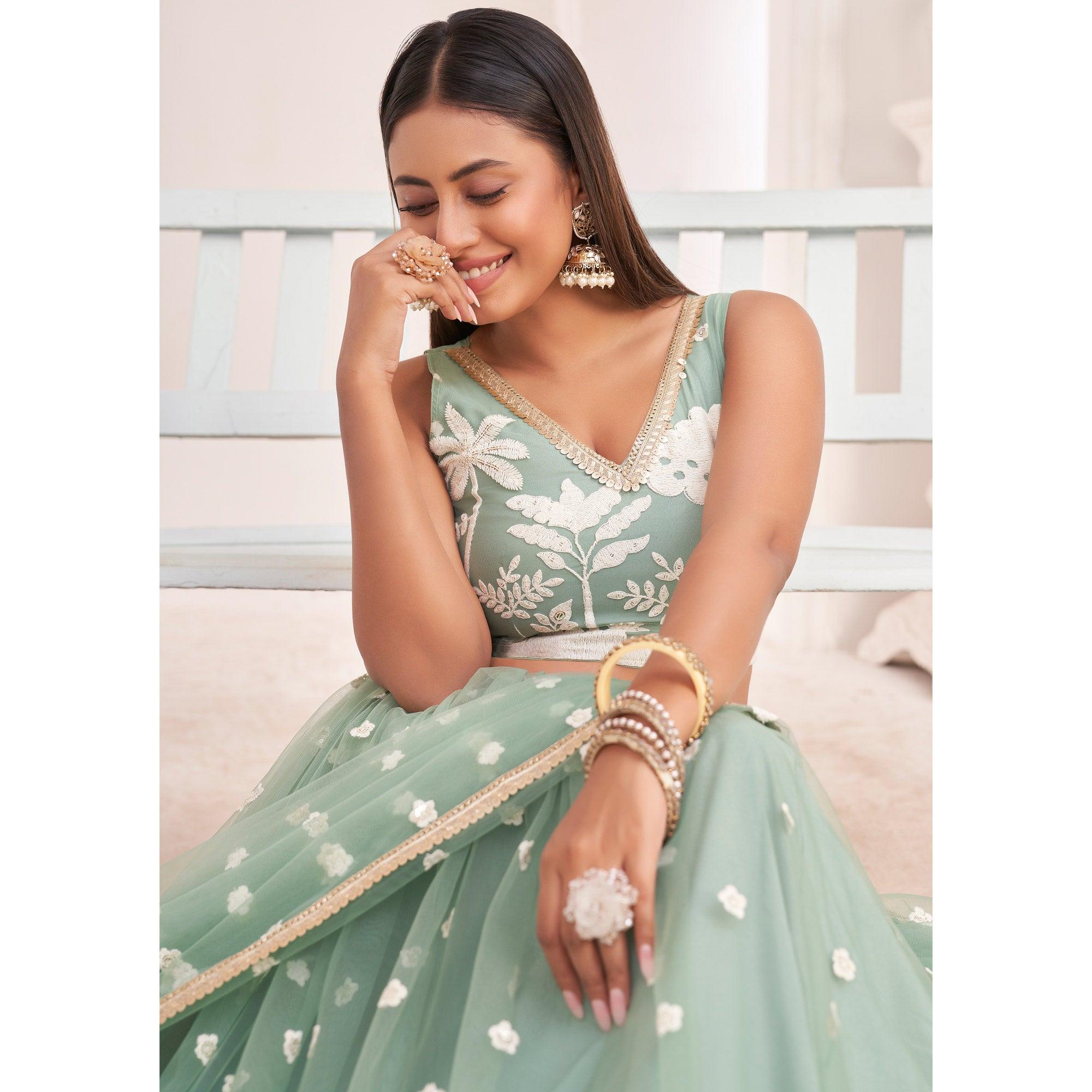 Sea Green Floral Sequence Embroidered Net Lehenga Choli - Peachmode