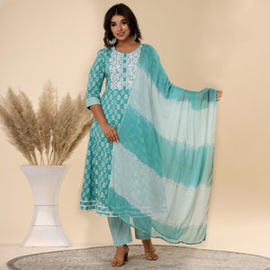 Sea Green Jaipuri Printed Cotton Silk Anarkali Kurti Pant Set With Dupatta - Peachmode