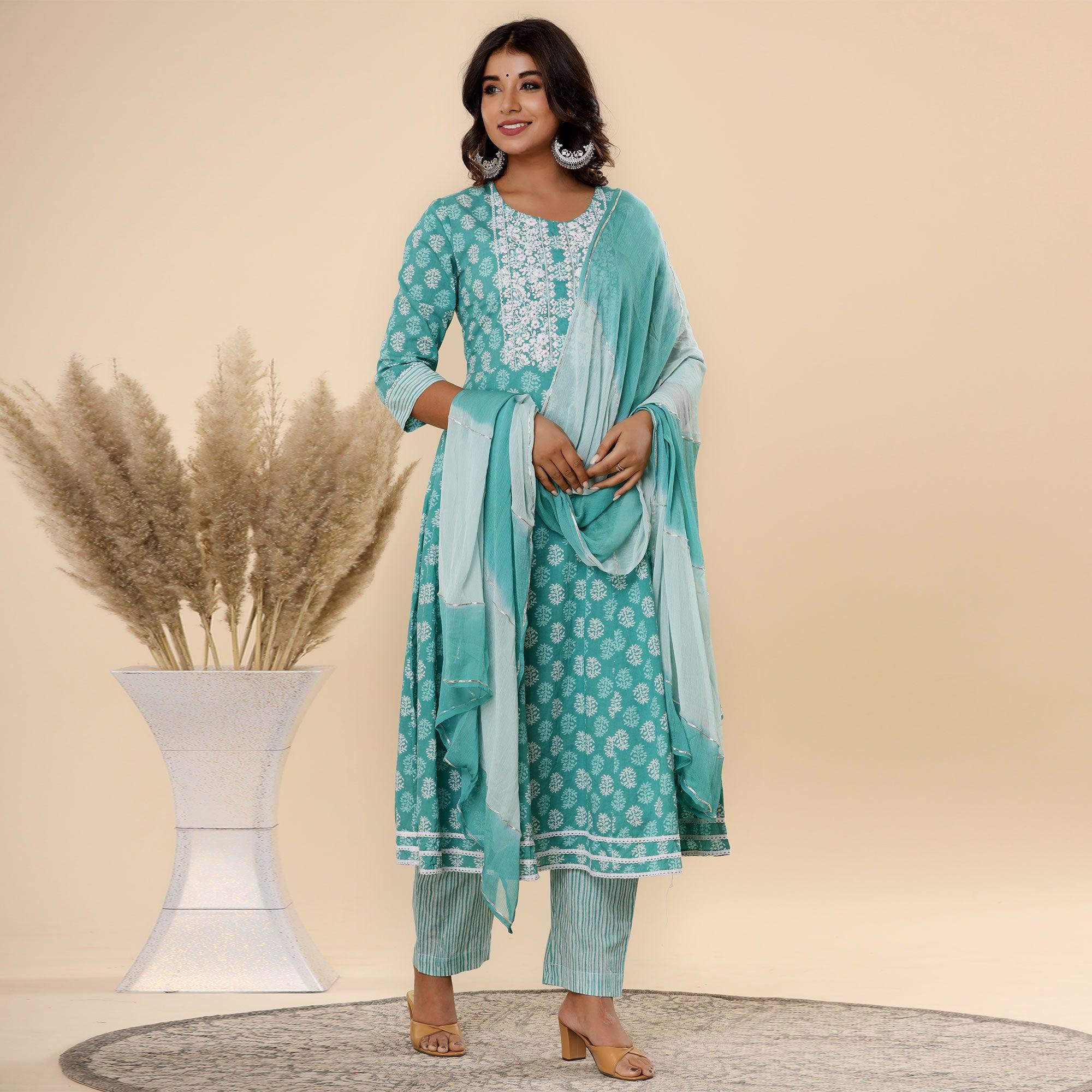 Sea Green Jaipuri Printed Cotton Silk Anarkali Kurti Pant Set With Dupatta - Peachmode