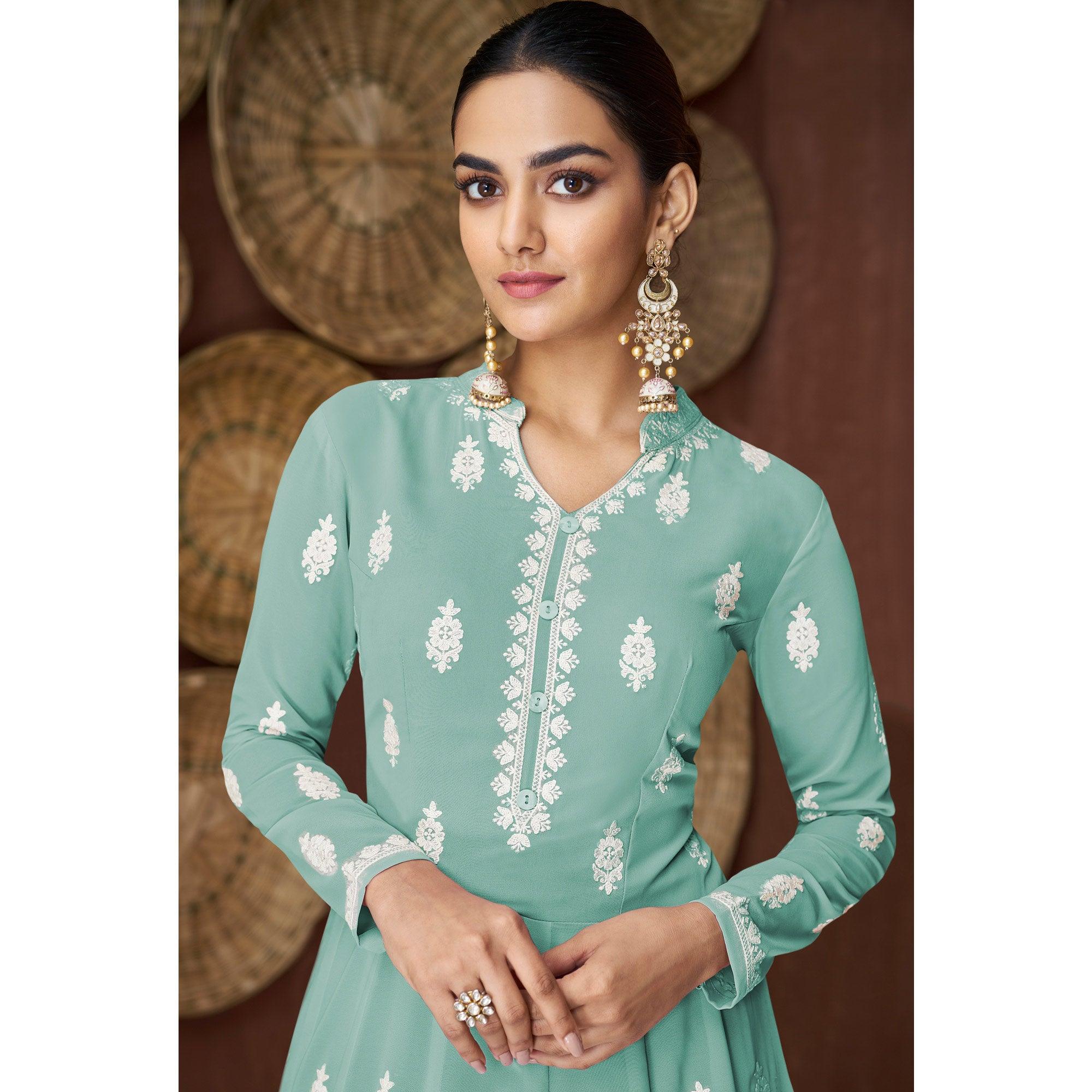 Sea Green Lucknowi Embroidered Georgette Gown - Peachmode
