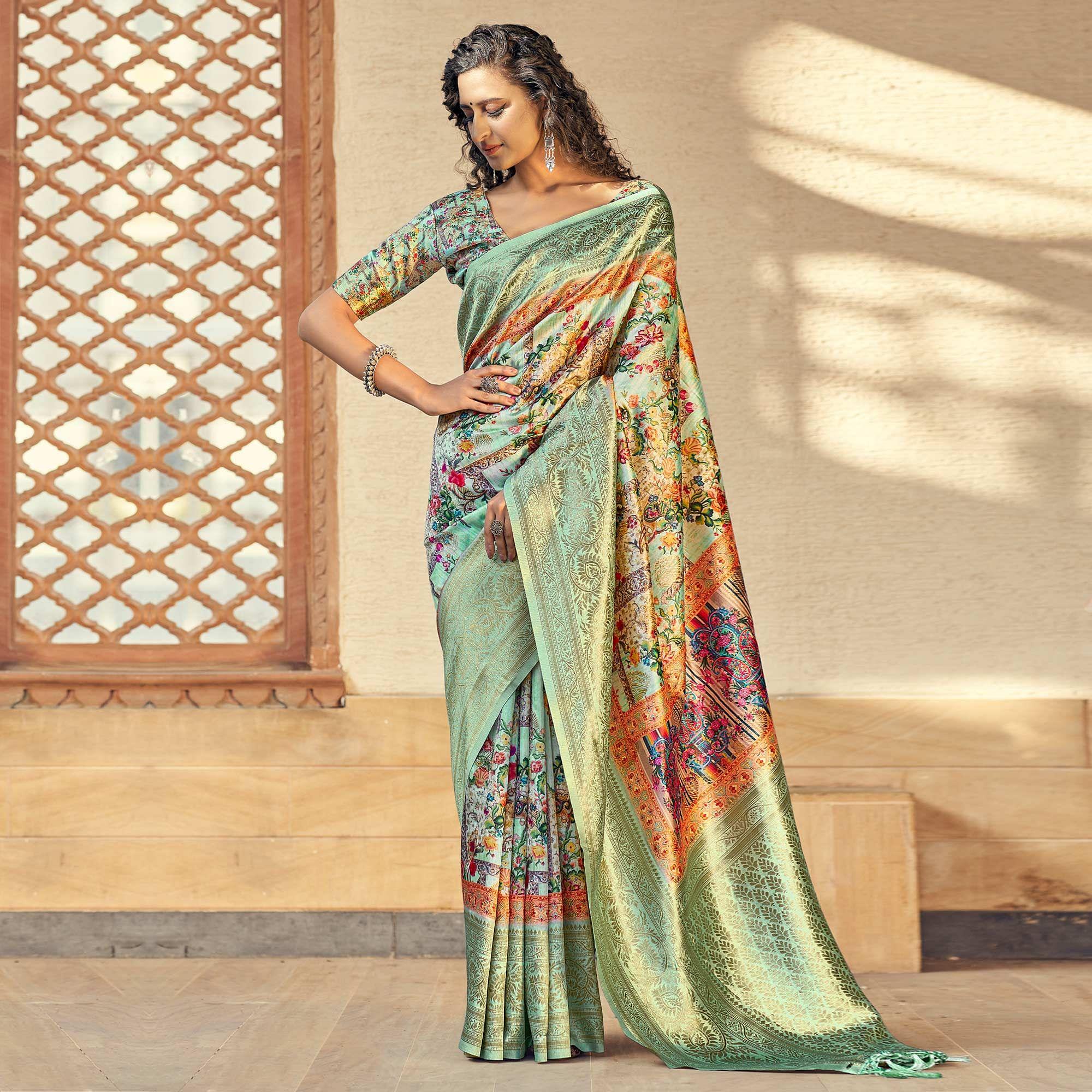 Sea Green Party Wear Digital Print Art Silk Saree With Tassels - Peachmode