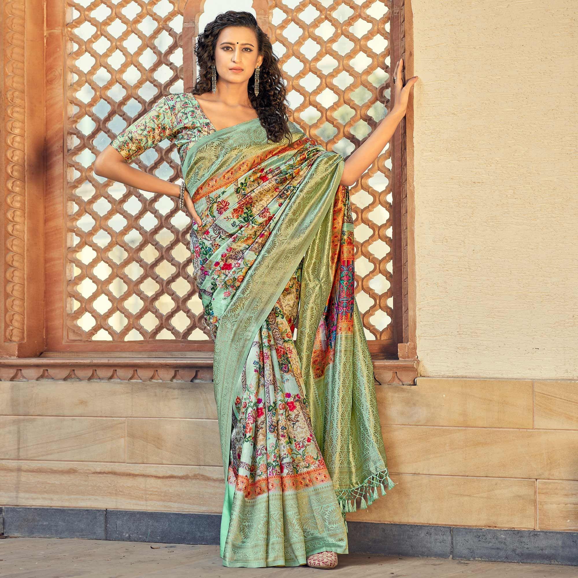 Sea Green Party Wear Digital Print Art Silk Saree With Tassels - Peachmode