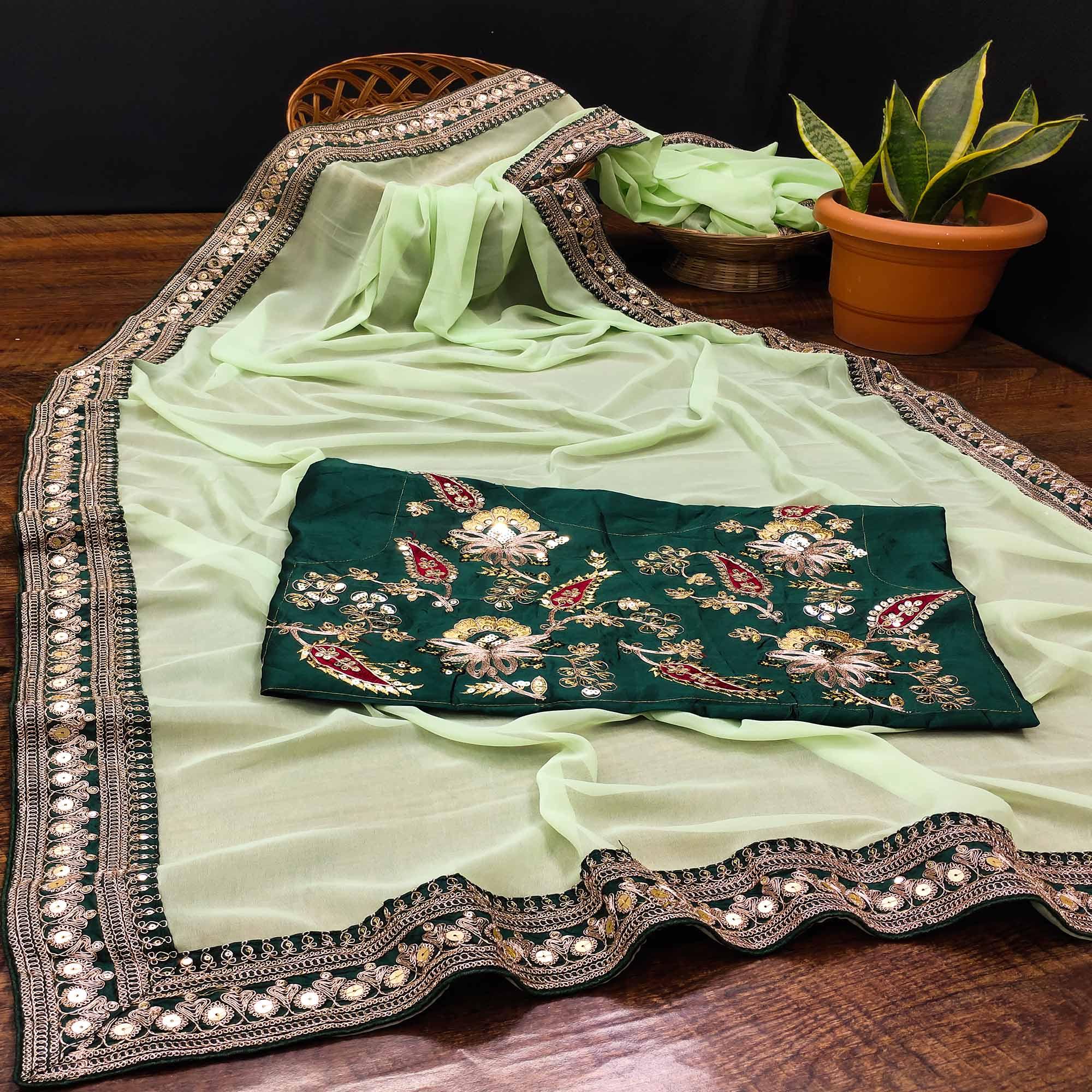 Sea Green Party Wear Sequence Embroidered Georgette Saree - Peachmode