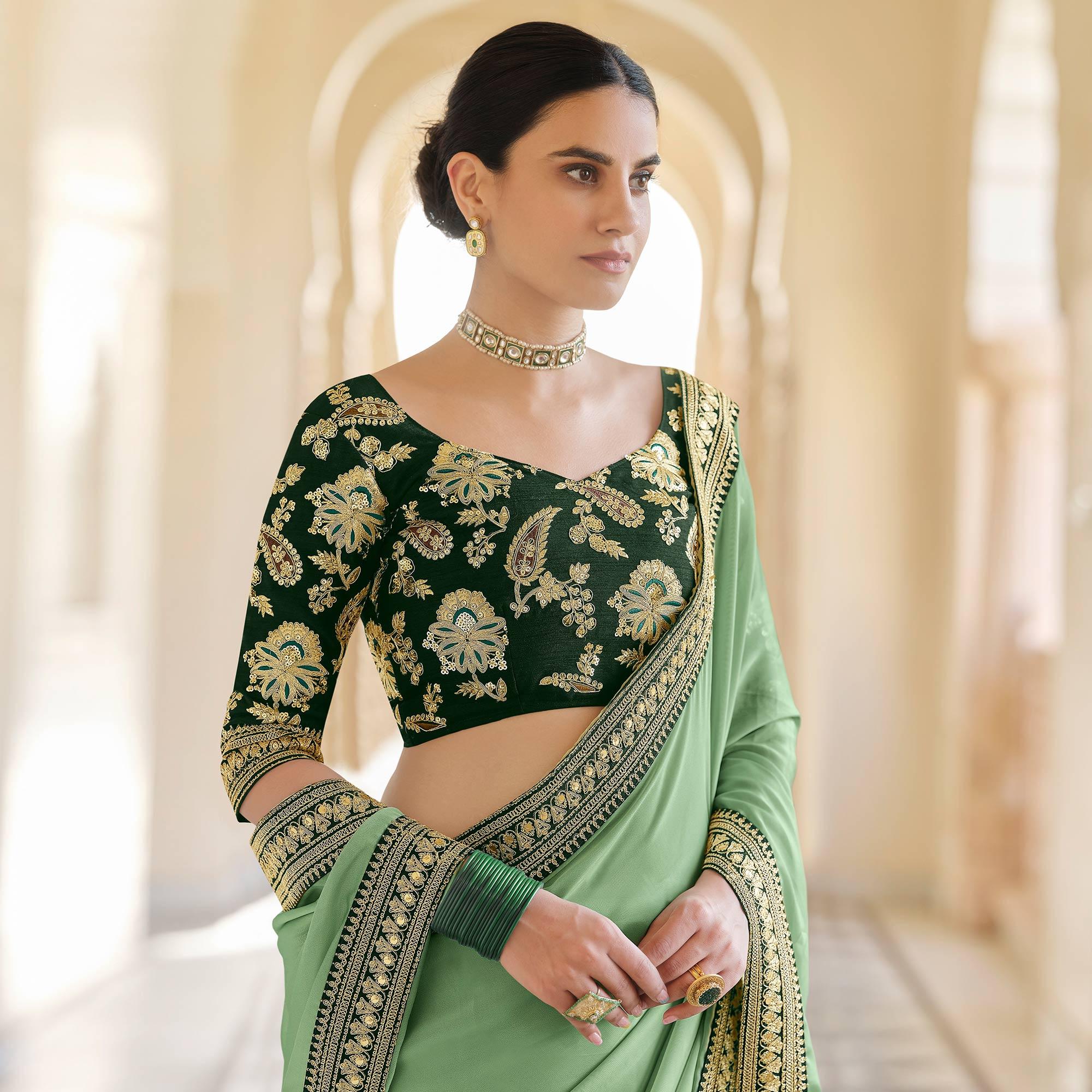 Sea Green Party Wear Sequence Embroidered Georgette Saree - Peachmode