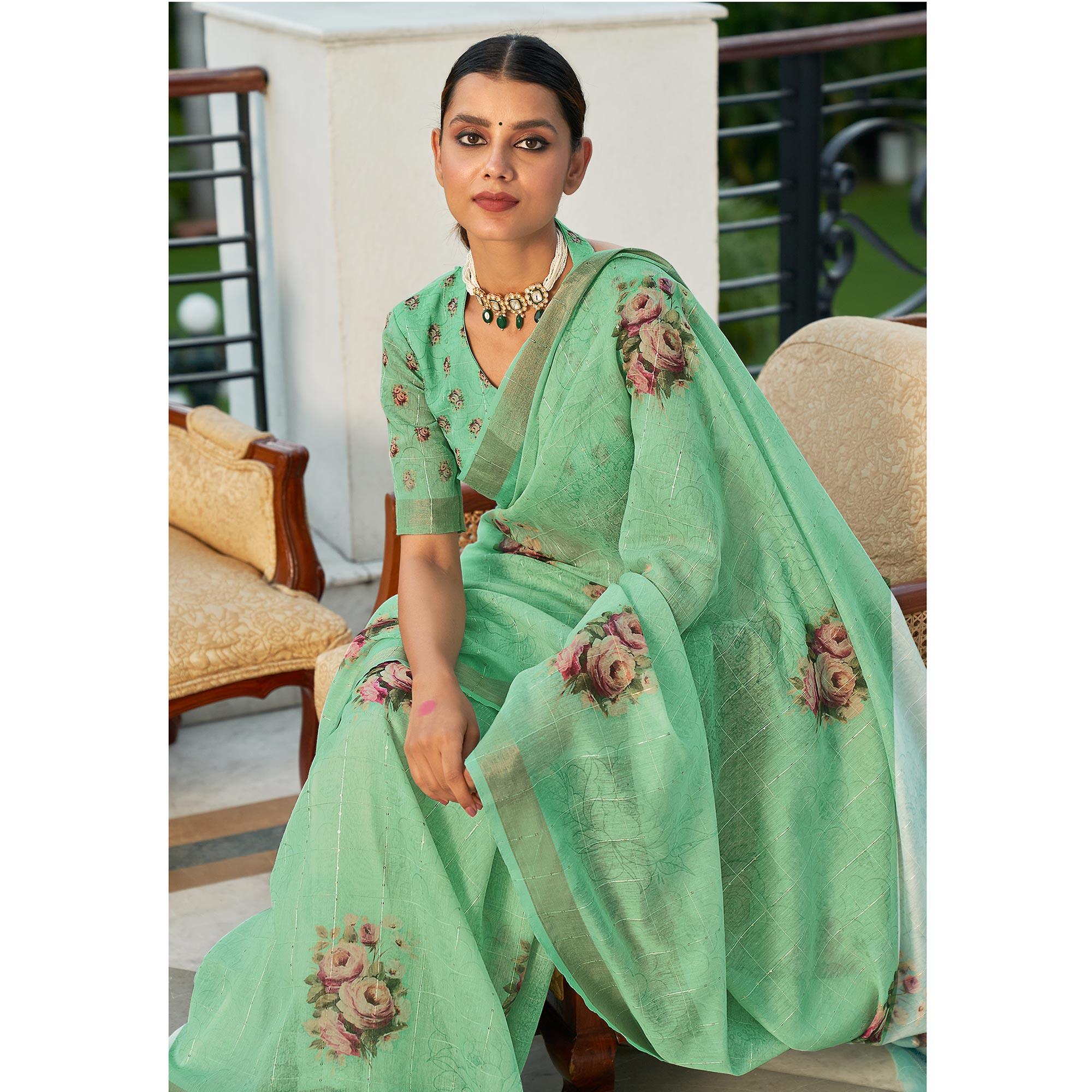 Sea Green Partywear Digital Printed & Sequence Woven Pure Linen Saree - Peachmode