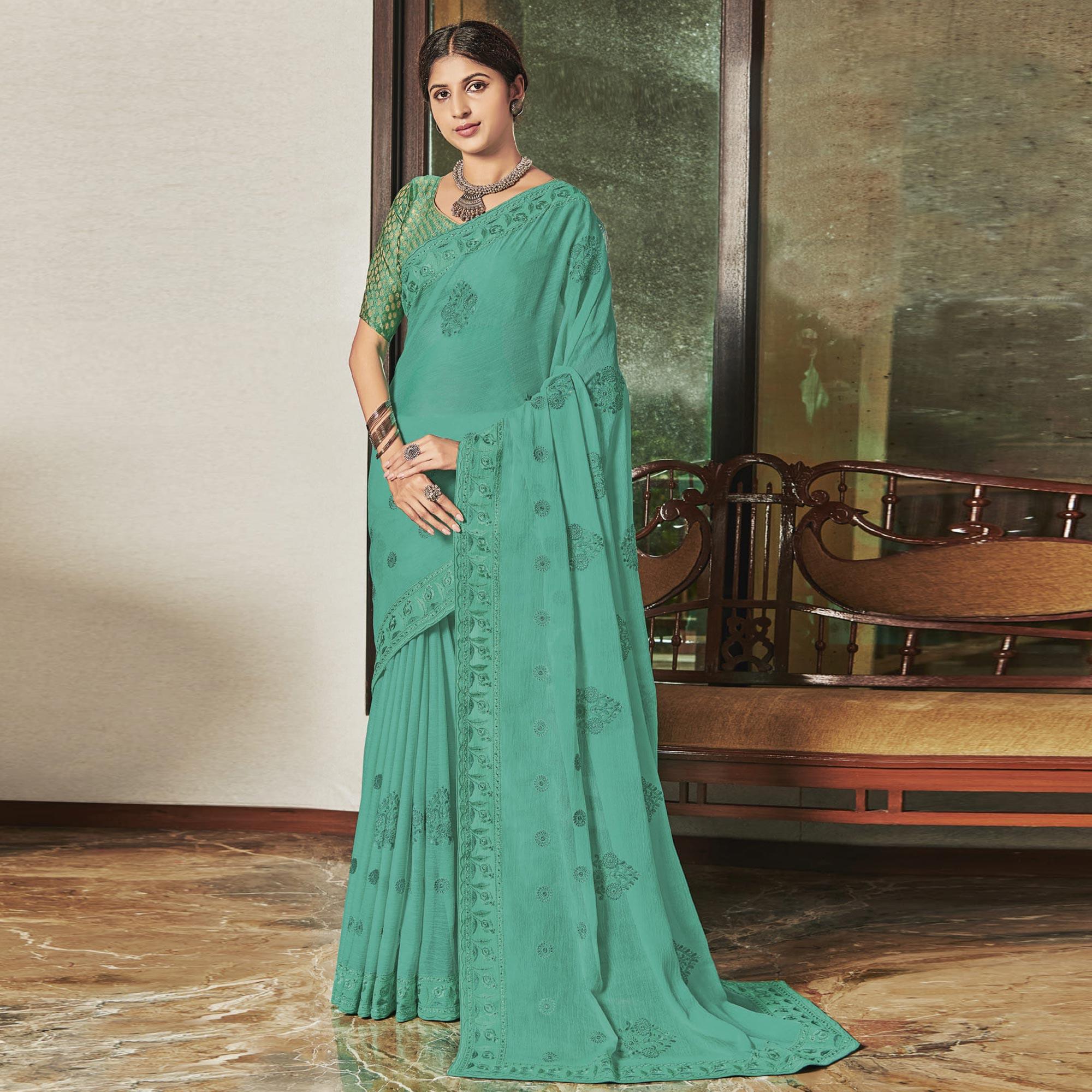 Sea Green Partywear Embroidered Chiffon Saree - Peachmode