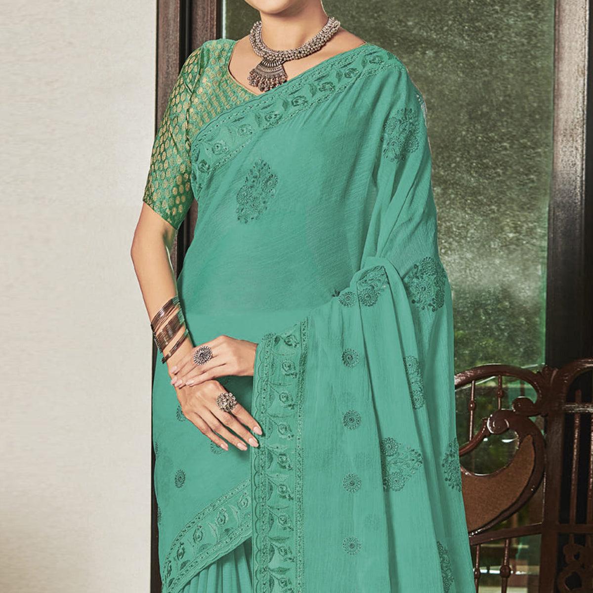 Sea Green Partywear Embroidered Chiffon Saree - Peachmode