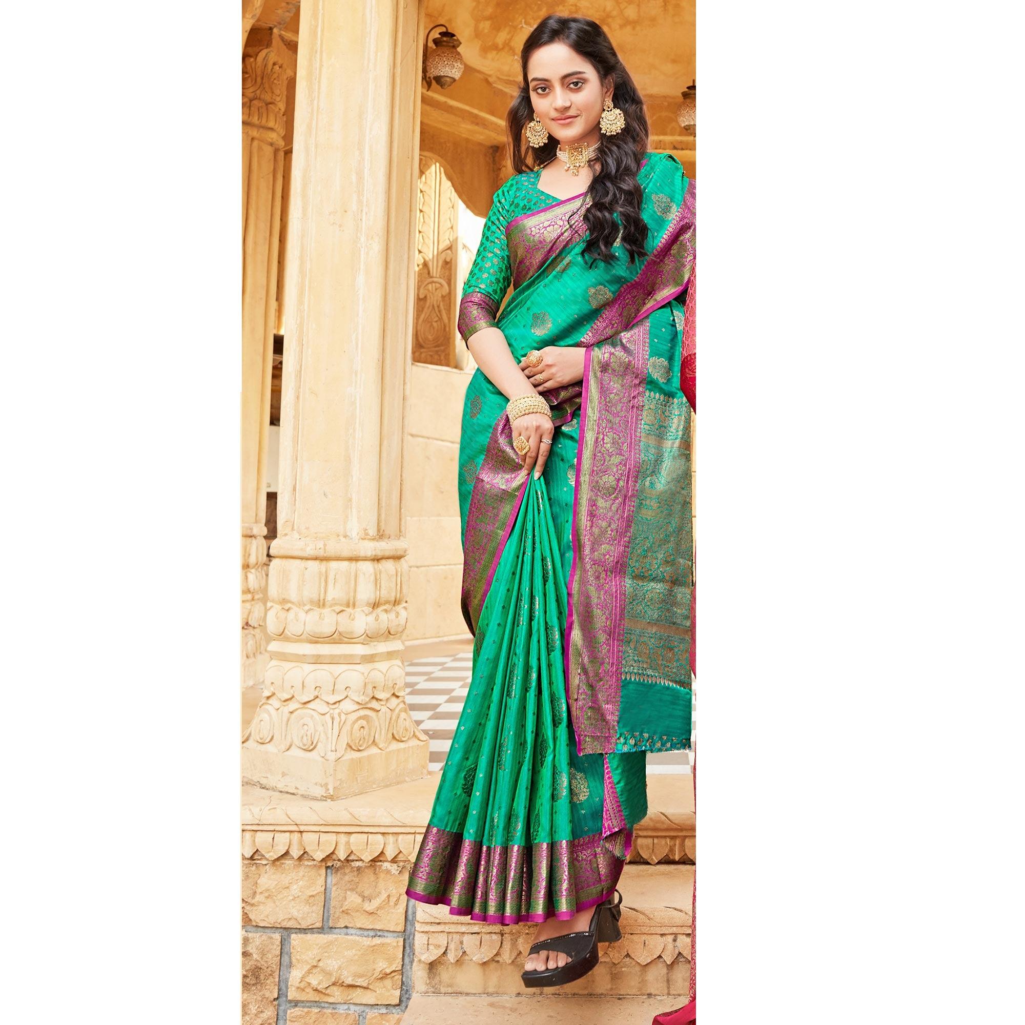Sea Green Partywear Embroidered Designer Geometric Silk Saree - Peachmode