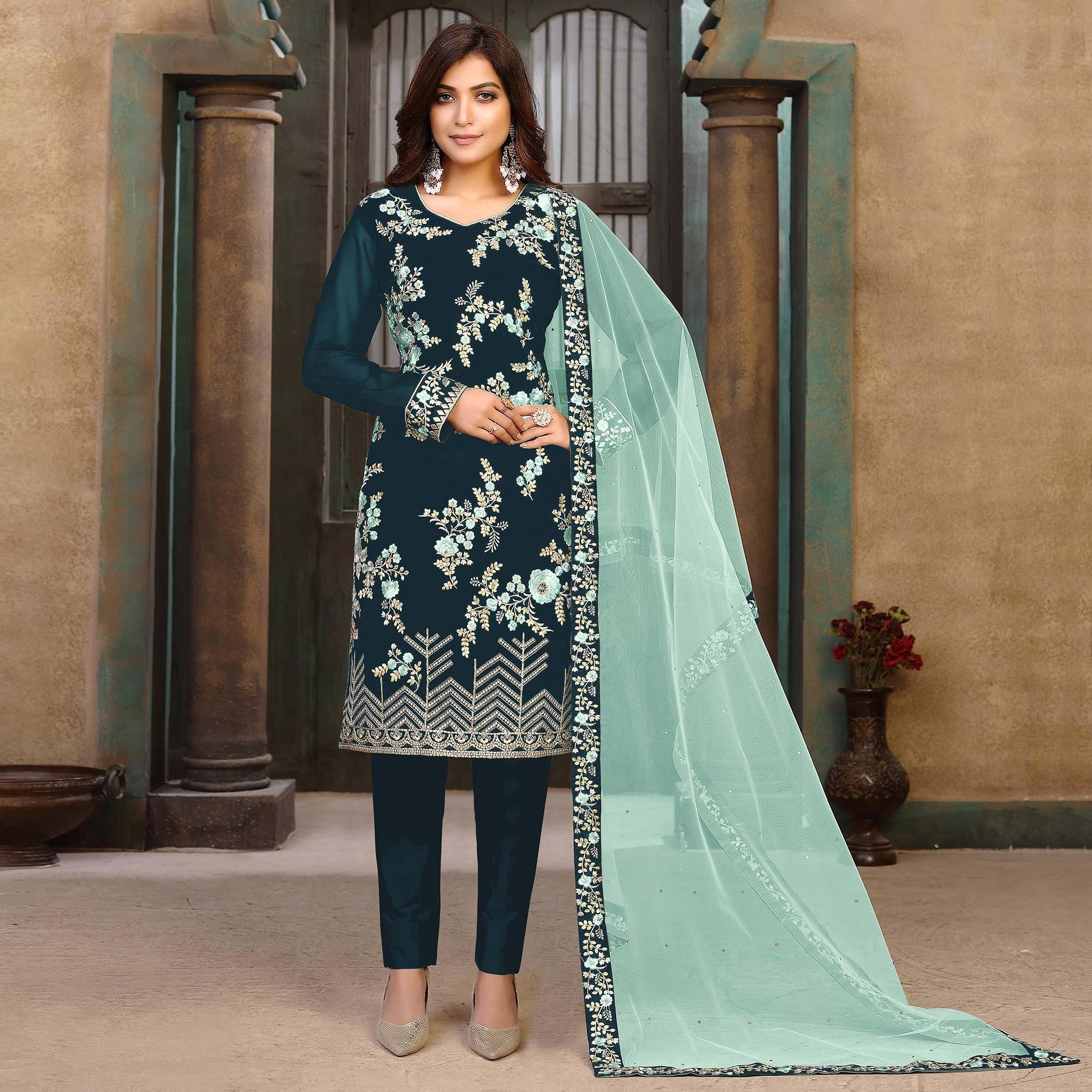 Sea Green Partywear Embroidered Faux Georgette Salwar Suit - Peachmode