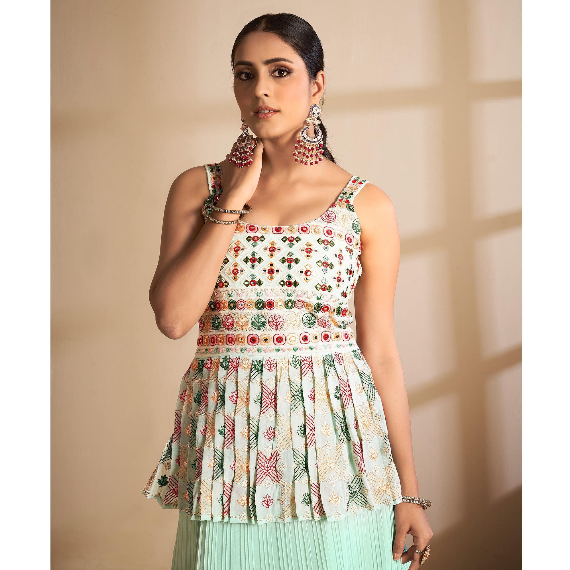 Sea Green Partywear Embroidered Georgette Sharara Suit - Peachmode
