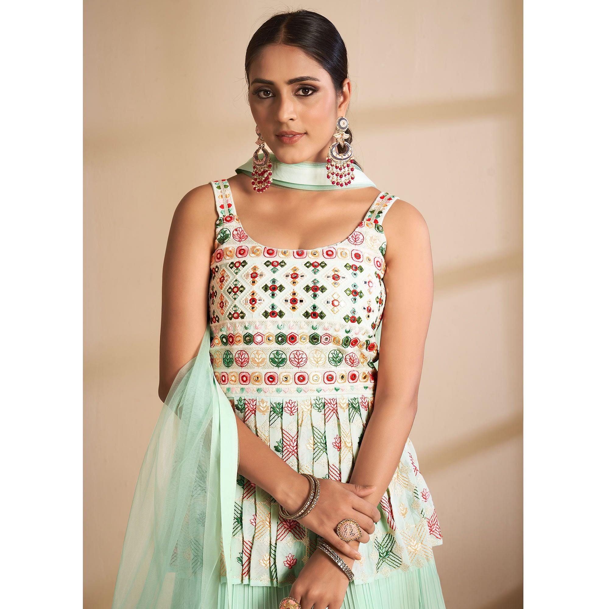 Sea Green Partywear Embroidered Georgette Sharara Suit - Peachmode