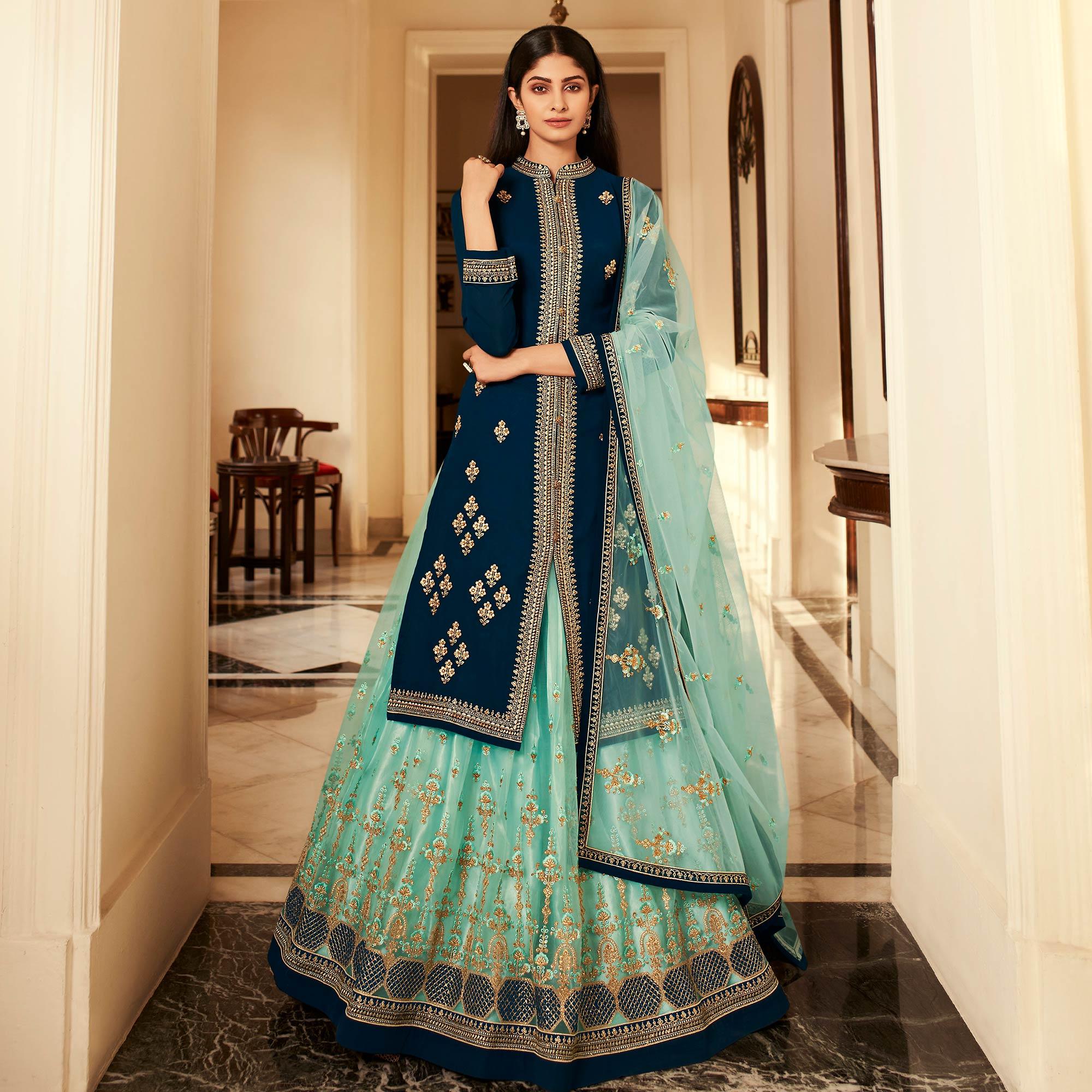 Sea Green Partywear Embroidered Net Lehenga Choli - Peachmode