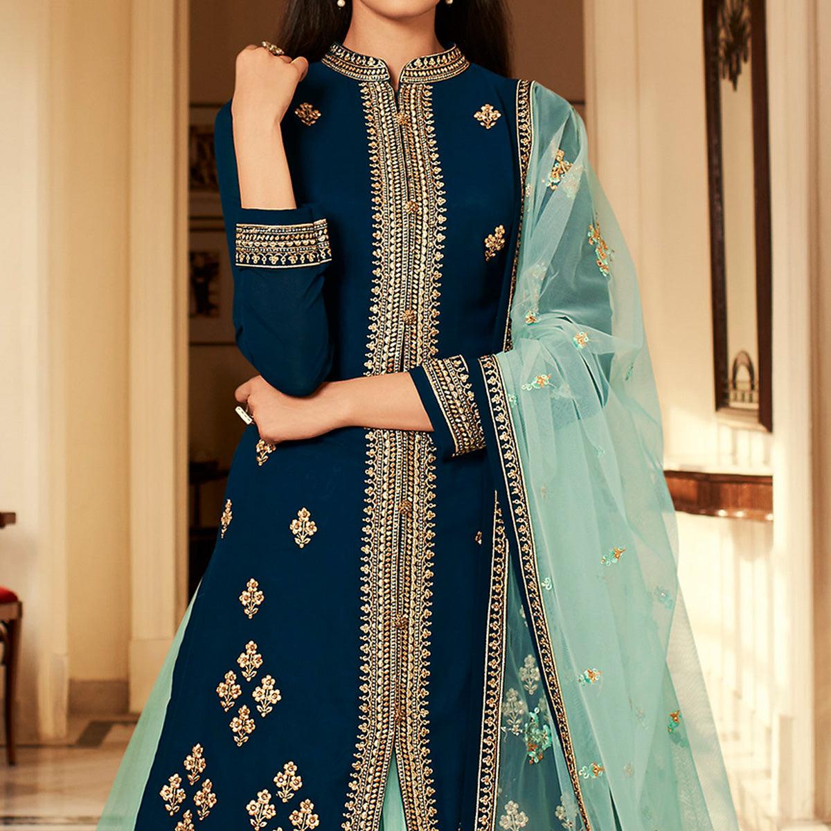 Sea Green Partywear Embroidered Net Lehenga Choli - Peachmode