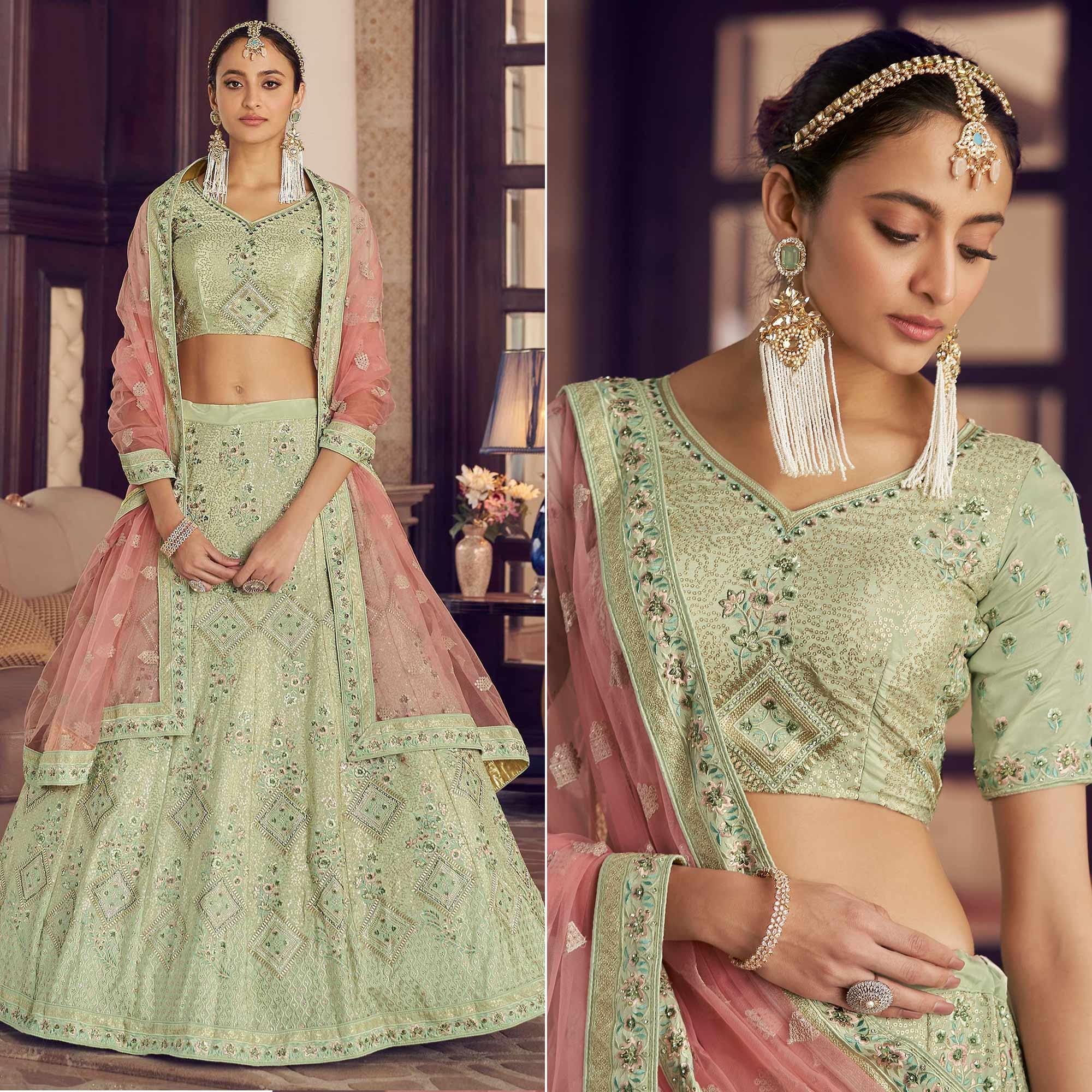 Sea Green Partywear Embroidered Organza Lehenga Choli - Peachmode