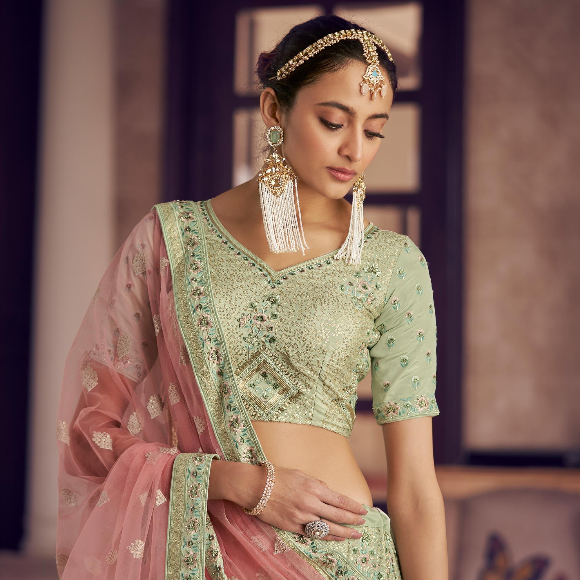 Sea Green Partywear Embroidered Organza Lehenga Choli - Peachmode