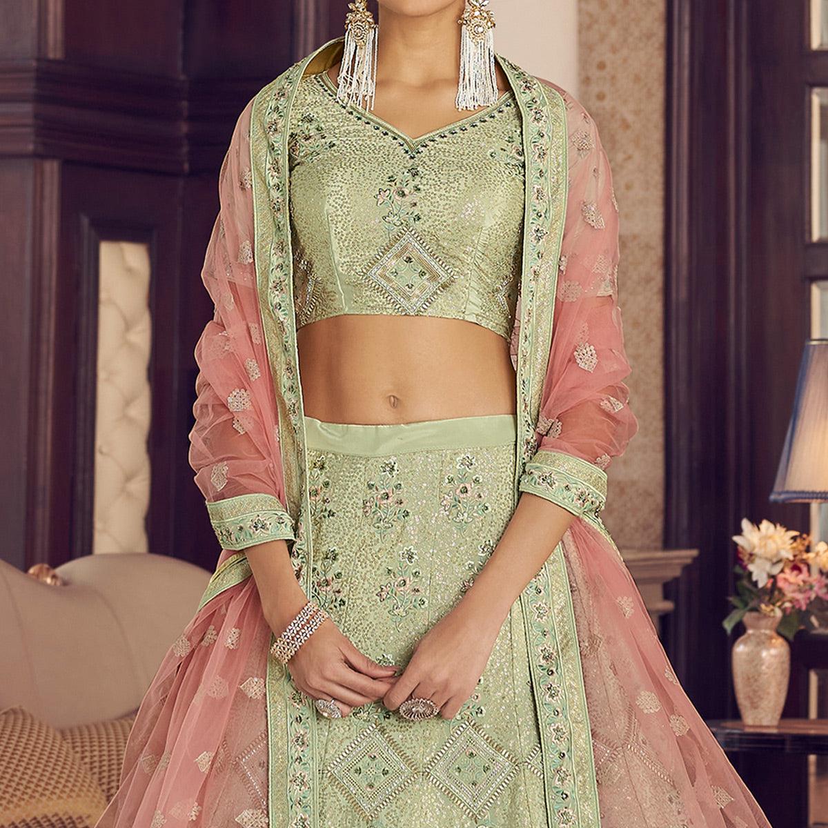 Sea Green Partywear Embroidered Organza Lehenga Choli - Peachmode