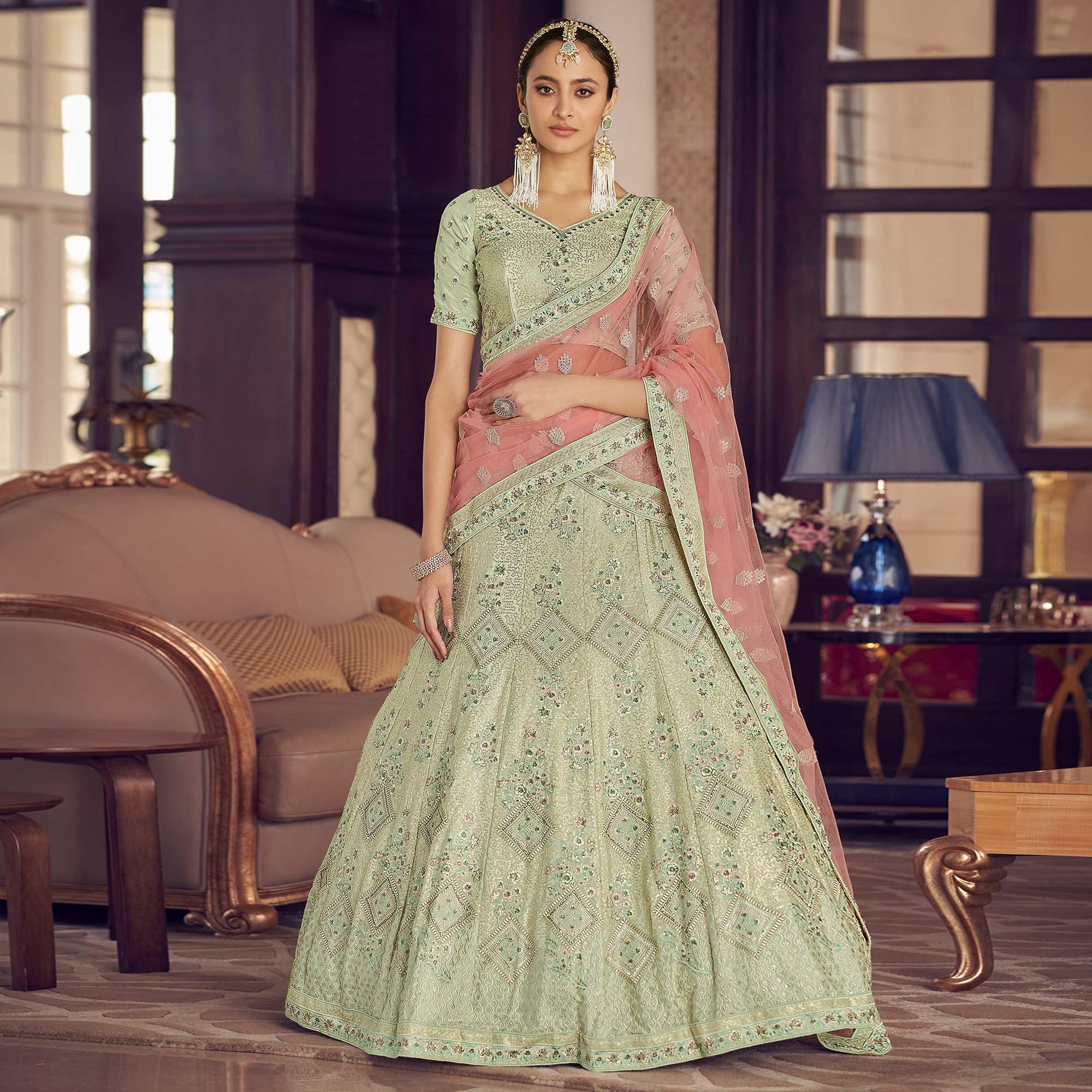 Sea Green Partywear Embroidered Organza Lehenga Choli - Peachmode