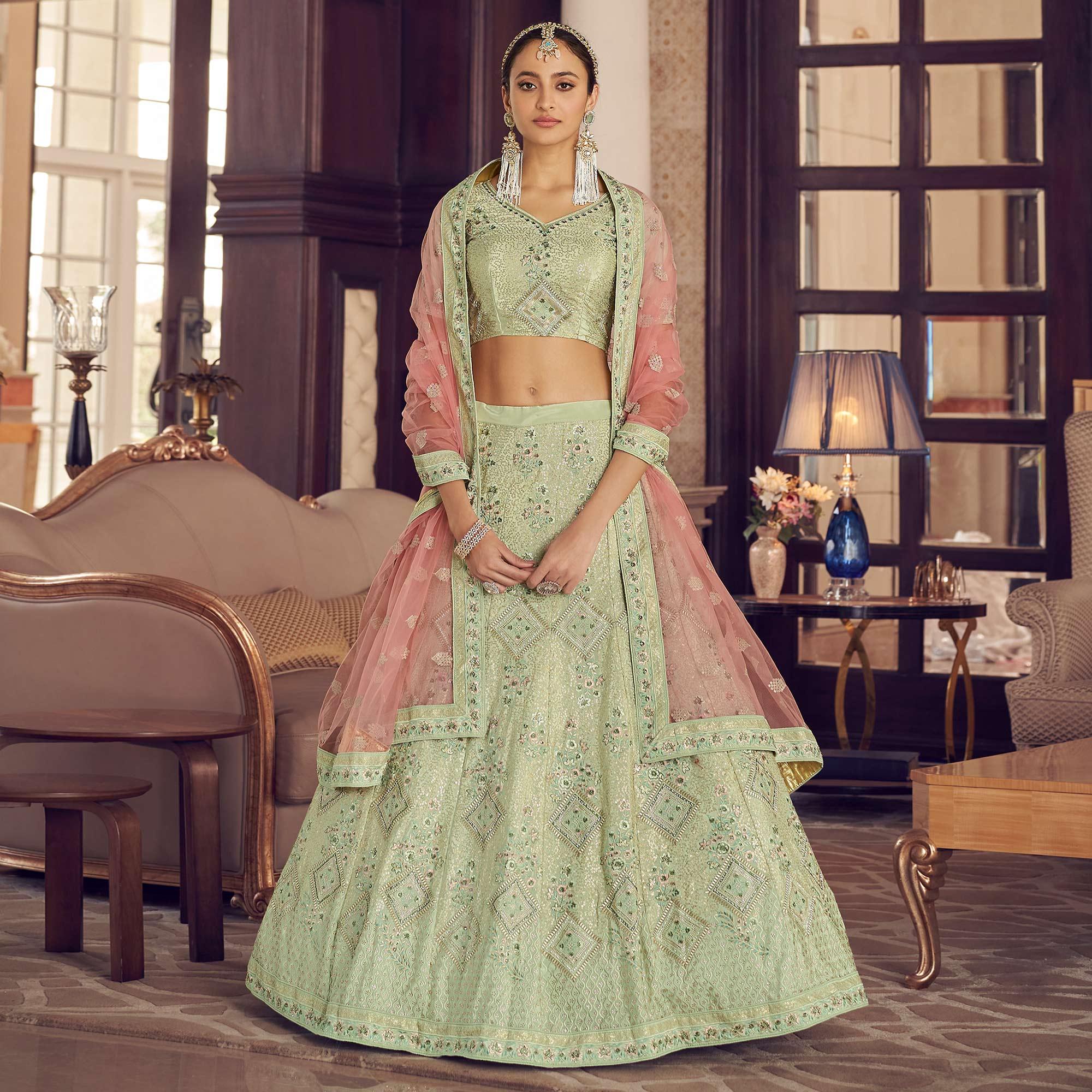 Sea Green Partywear Embroidered Organza Lehenga Choli - Peachmode