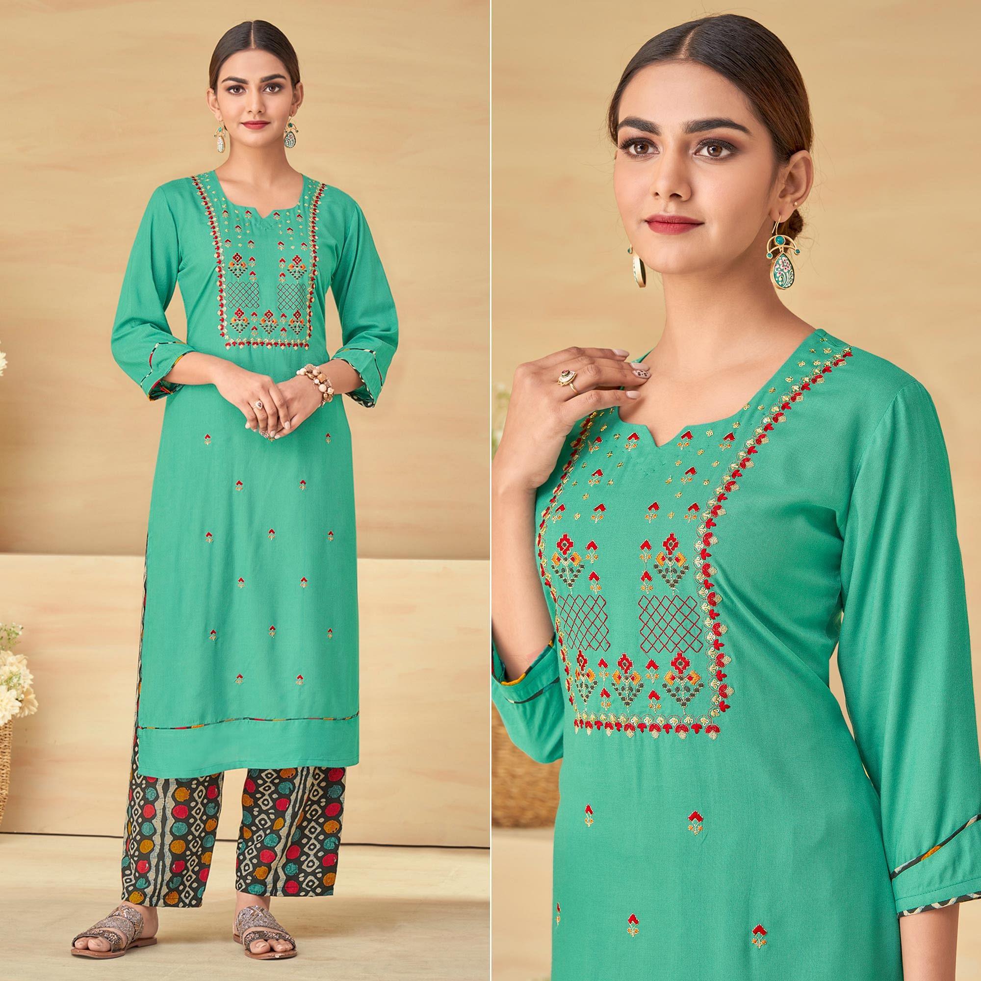 Sea Green Partywear Embroidered Rayon Kurti Palazzo Set - Peachmode