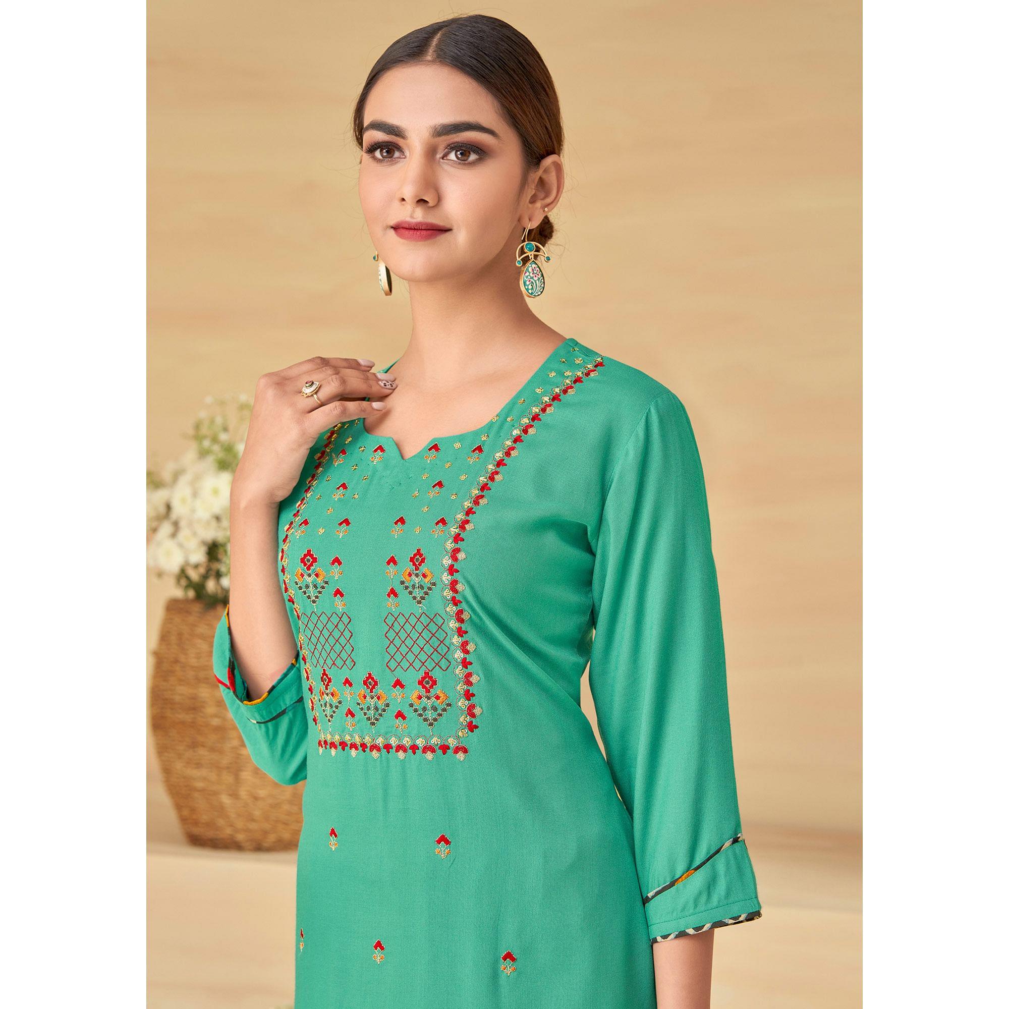 Sea Green Partywear Embroidered Rayon Kurti Palazzo Set - Peachmode