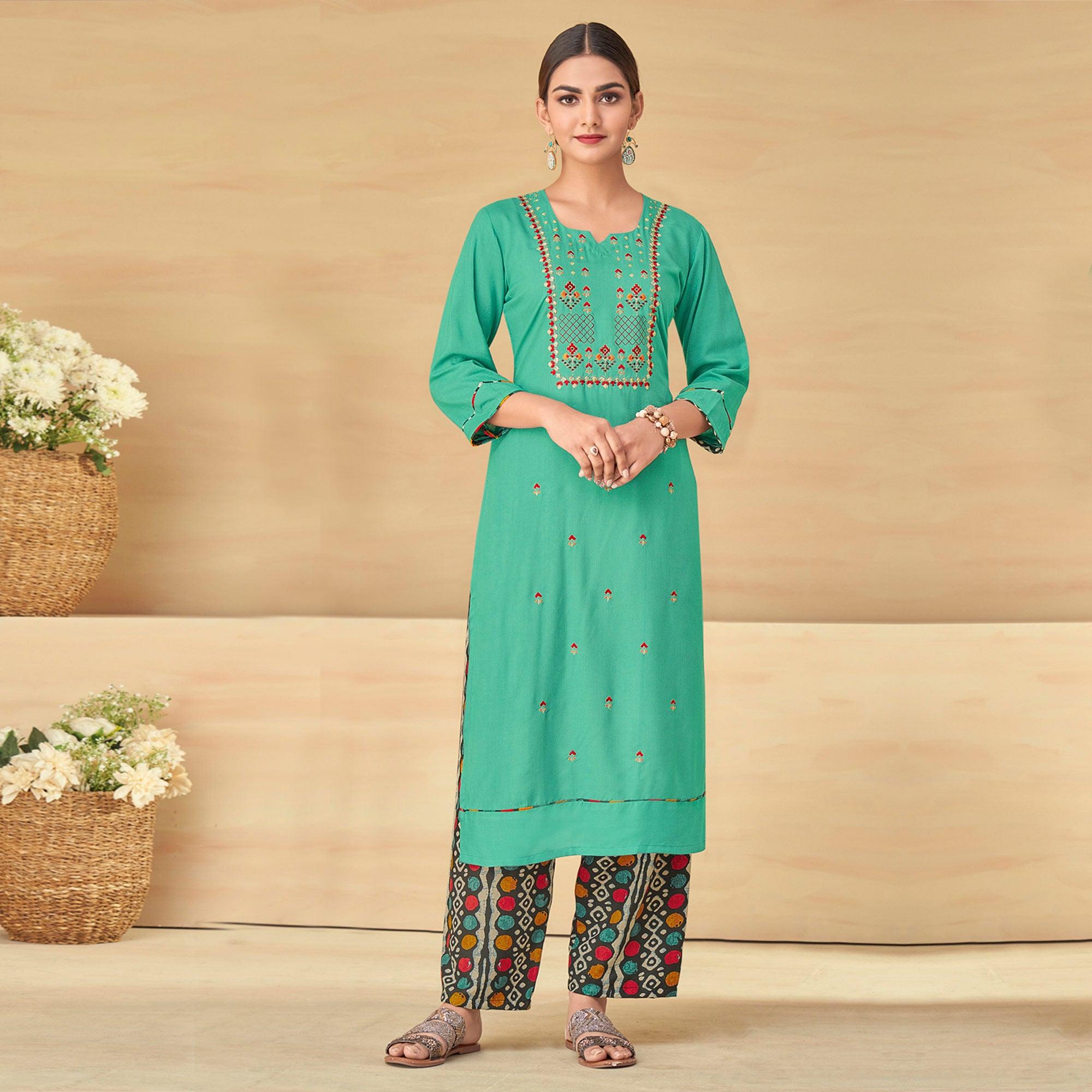 Sea Green Partywear Embroidered Rayon Kurti Palazzo Set - Peachmode