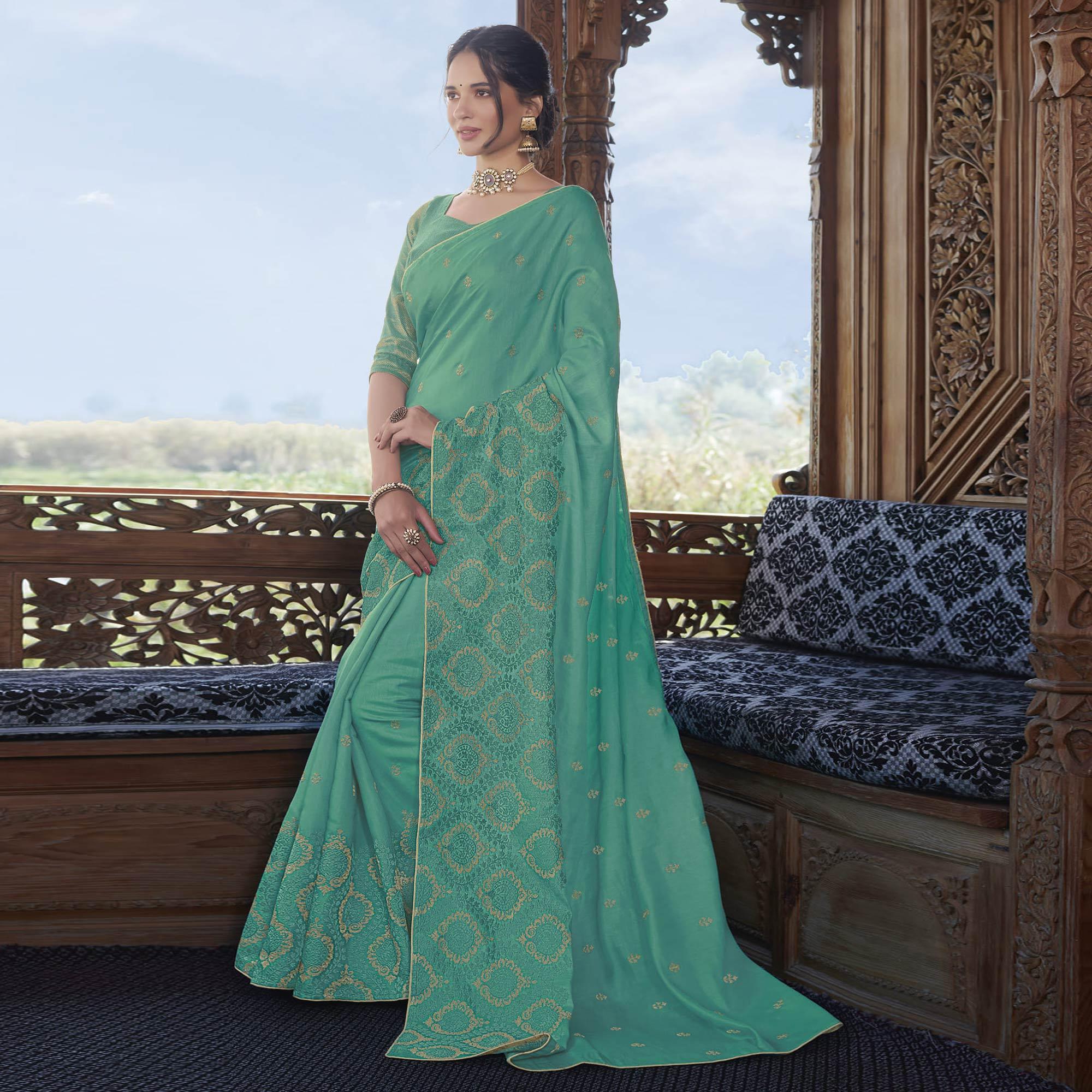 Sea Green Partywear Embroidered Silk Saree - Peachmode