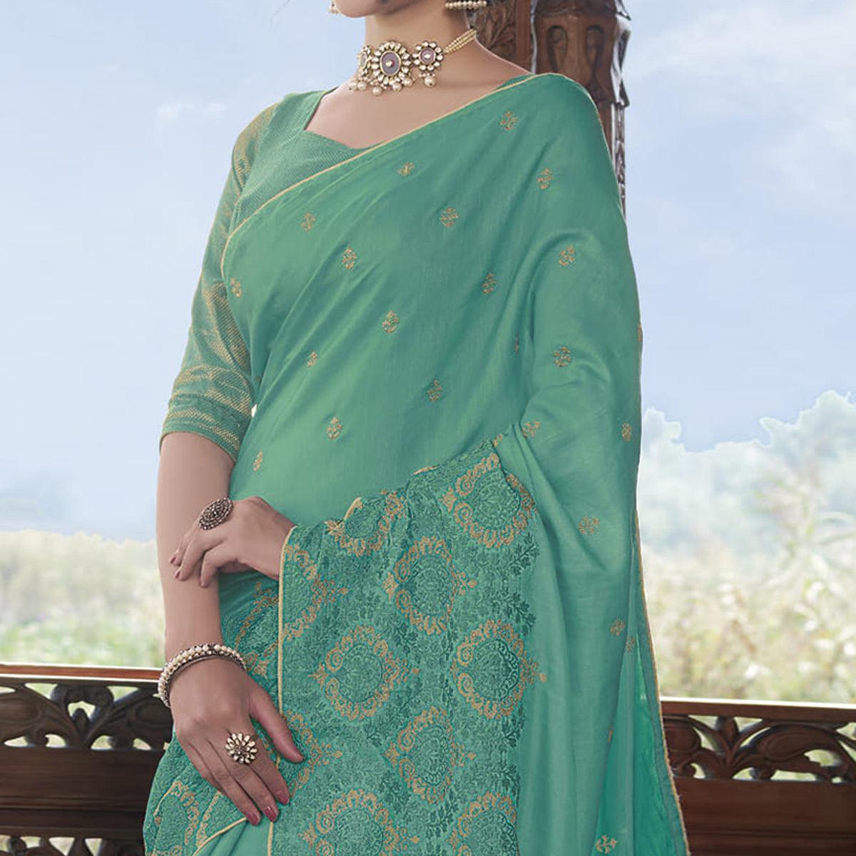 Sea Green Partywear Embroidered Silk Saree - Peachmode