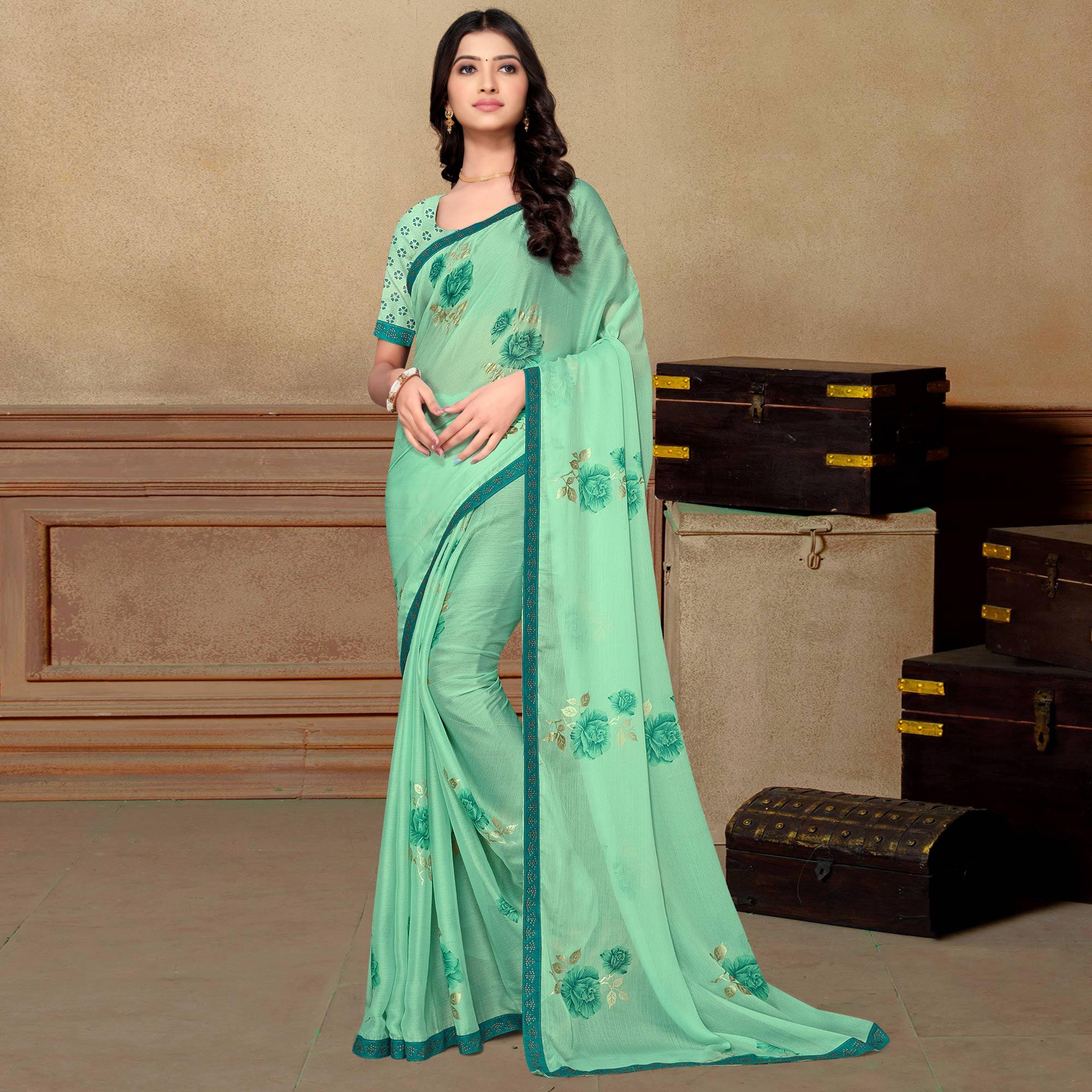 Sea Green Partywear Foil Printed & Embellished Moss Chiffon Saree - Peachmode
