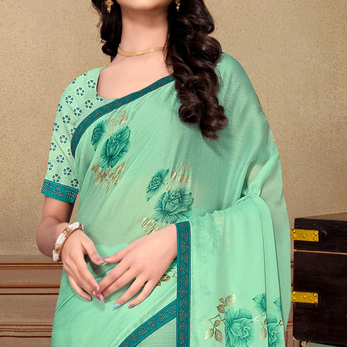 Sea Green Partywear Foil Printed & Embellished Moss Chiffon Saree - Peachmode