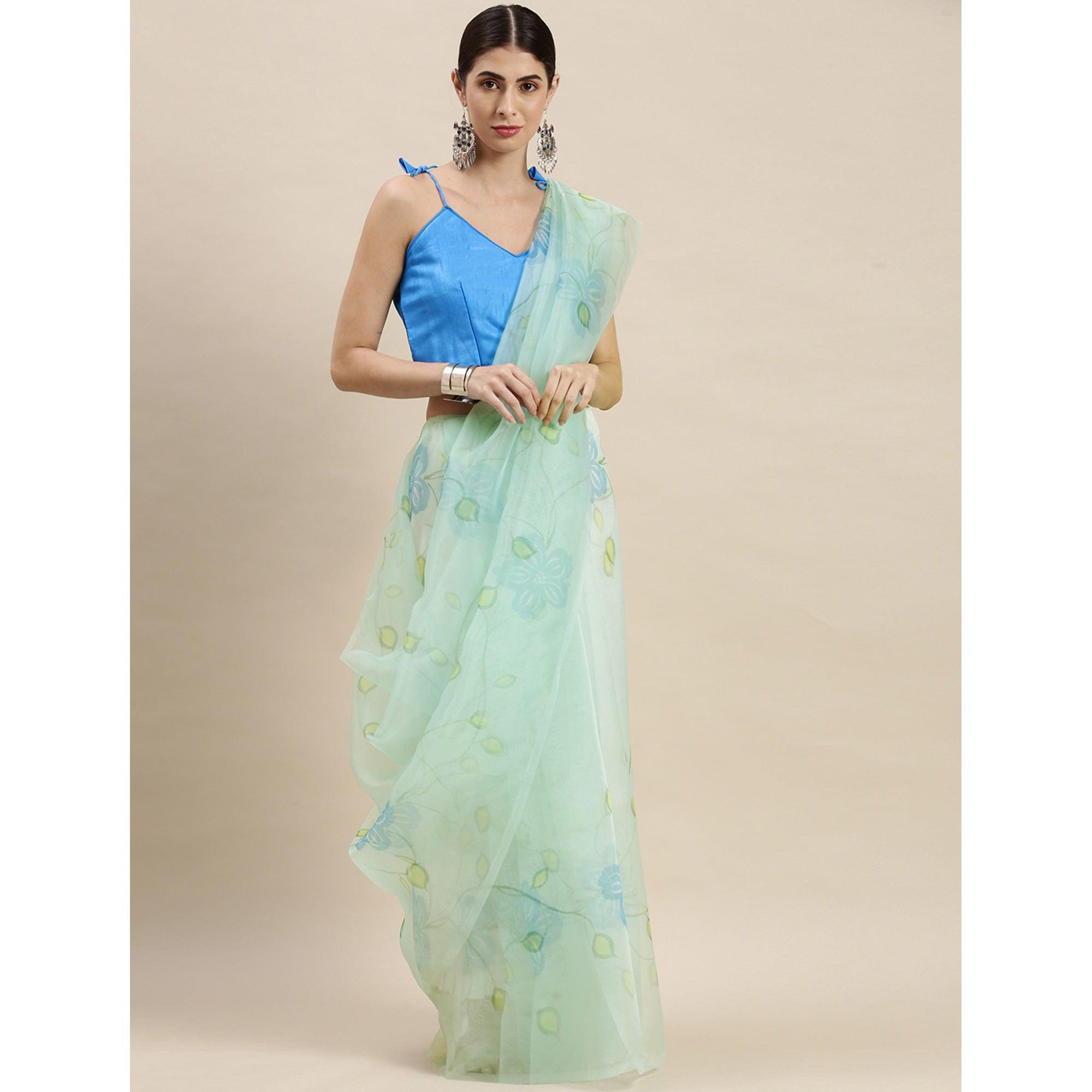 Sea Green Partywear Printed Organza Saree - Peachmode