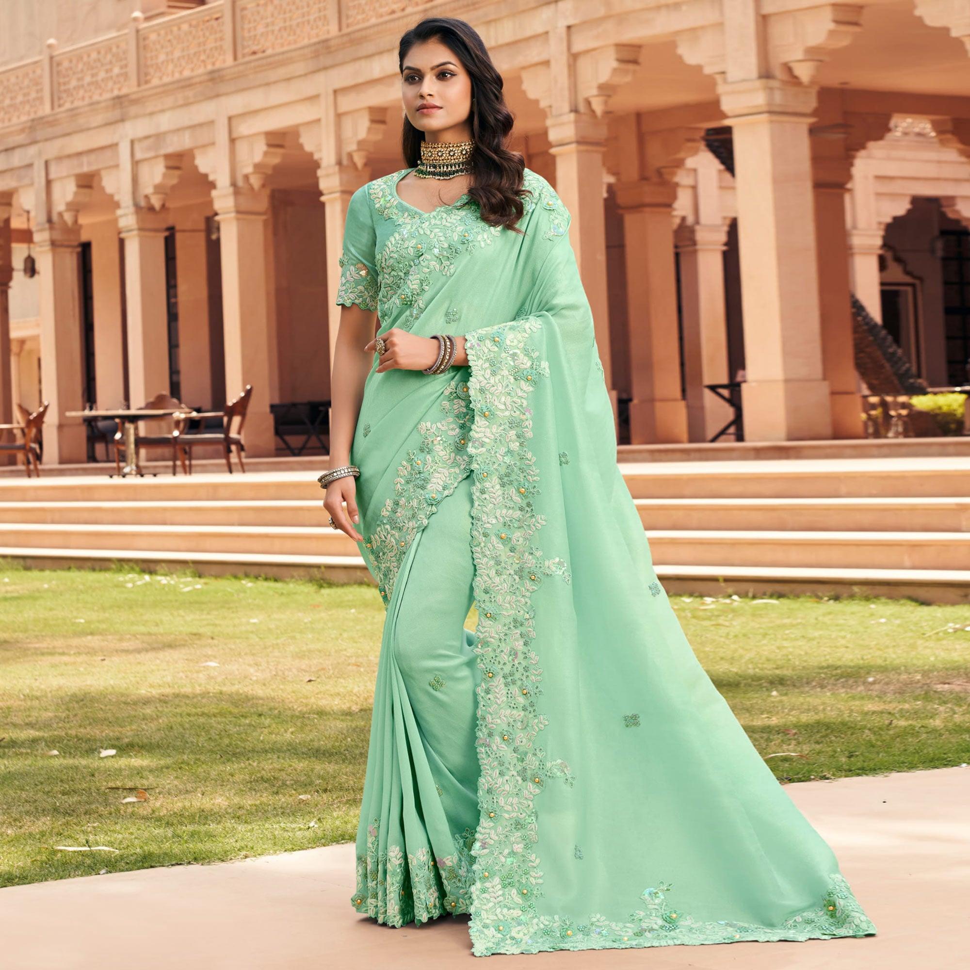 Sea Green Partywear Super Coat & Embroidered Sunshine Silk Saree - Peachmode