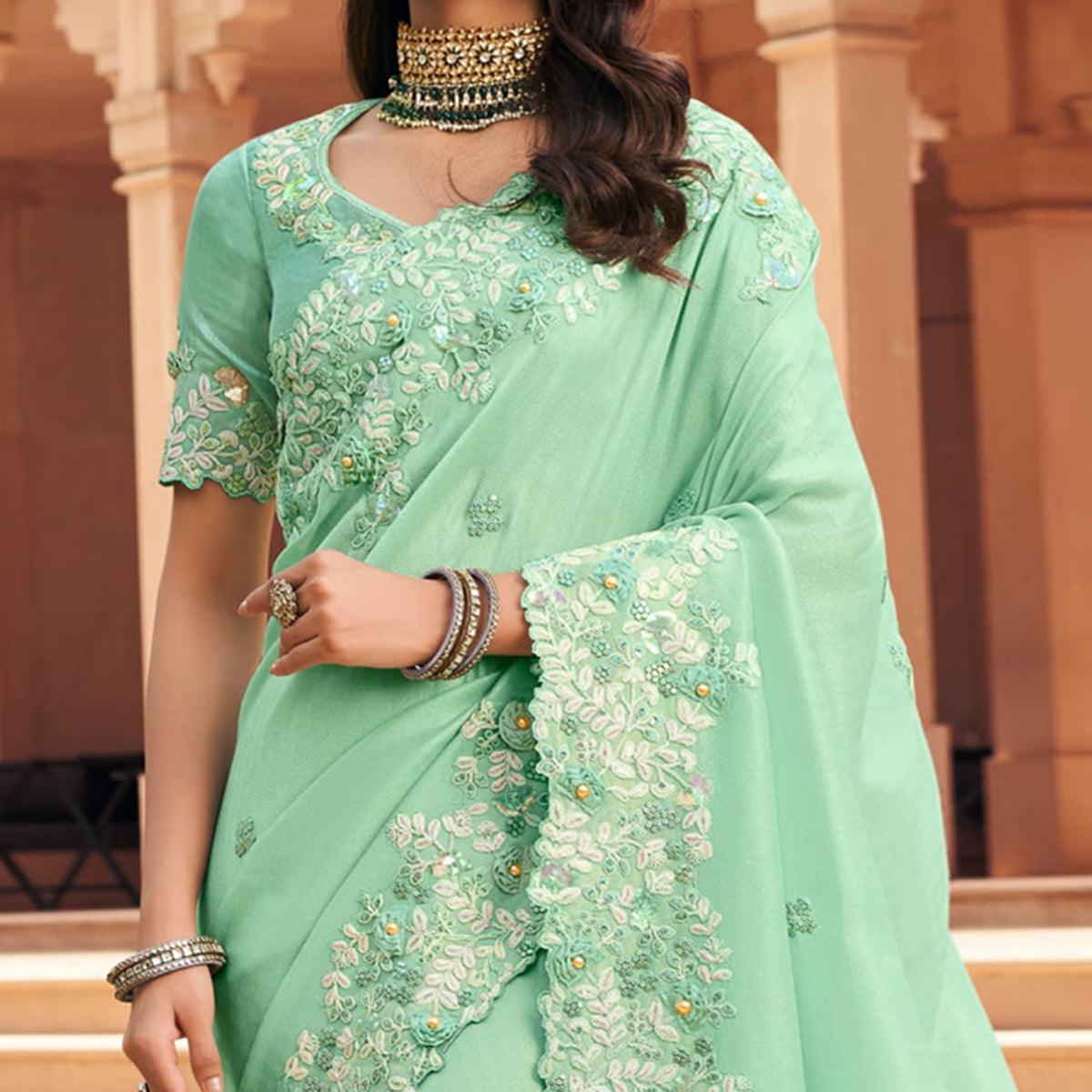 Sea Green Partywear Super Coat & Embroidered Sunshine Silk Saree - Peachmode