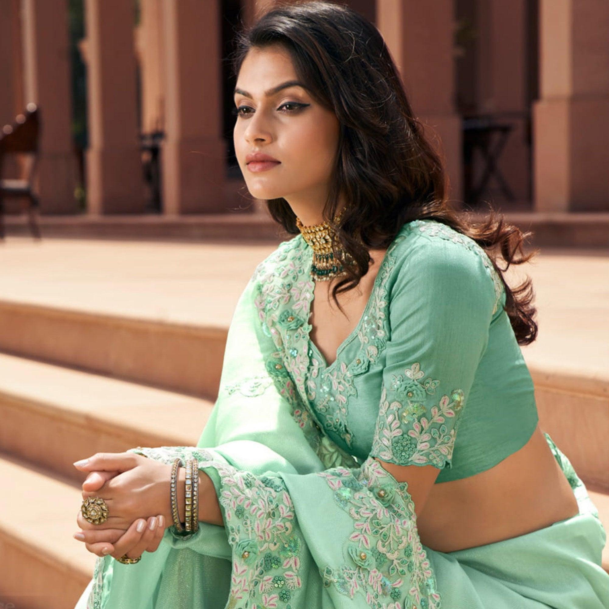 Sea Green Partywear Super Coat & Embroidered Sunshine Silk Saree - Peachmode