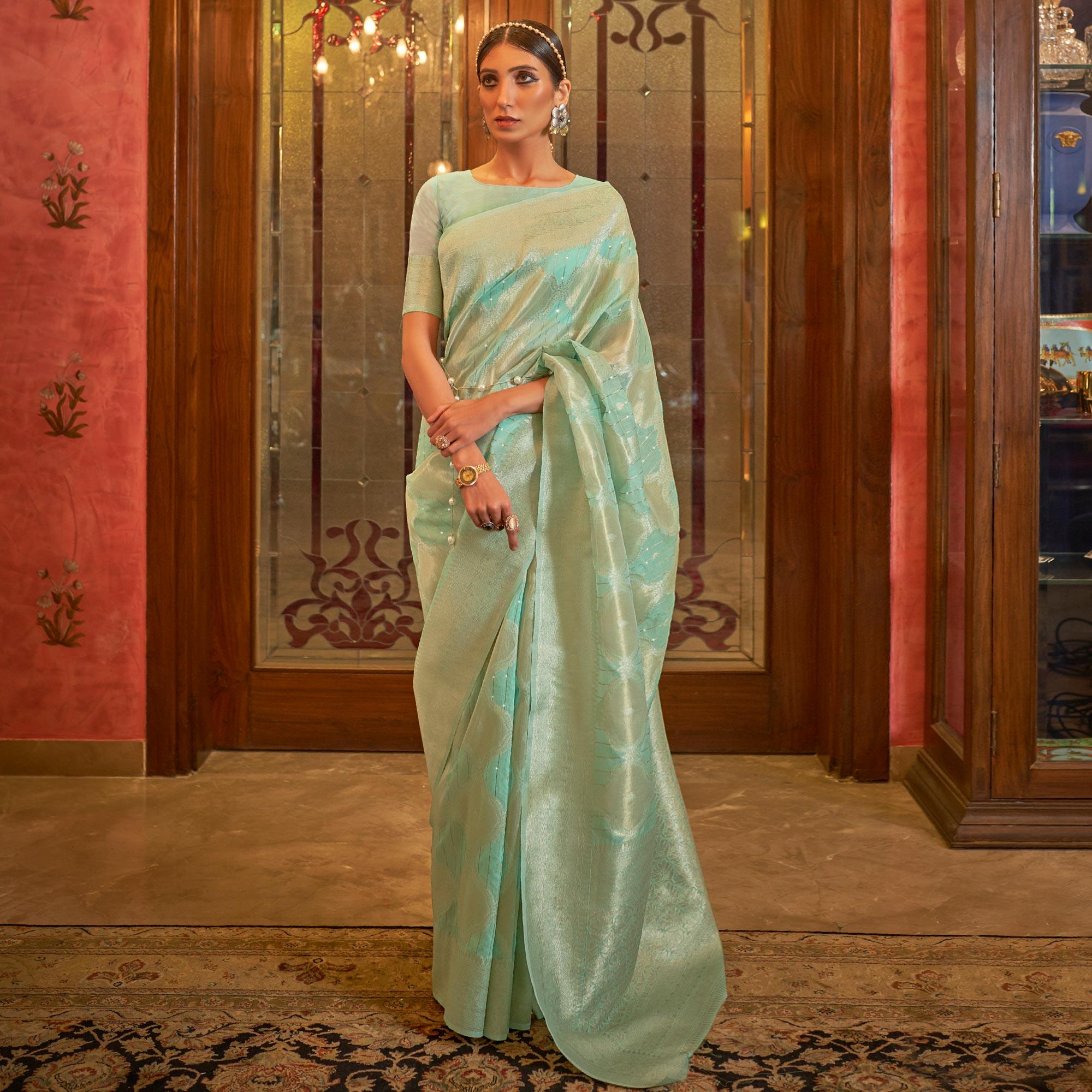 Sea Green Partywear Wear Woven Chanderi Saree - Peachmode