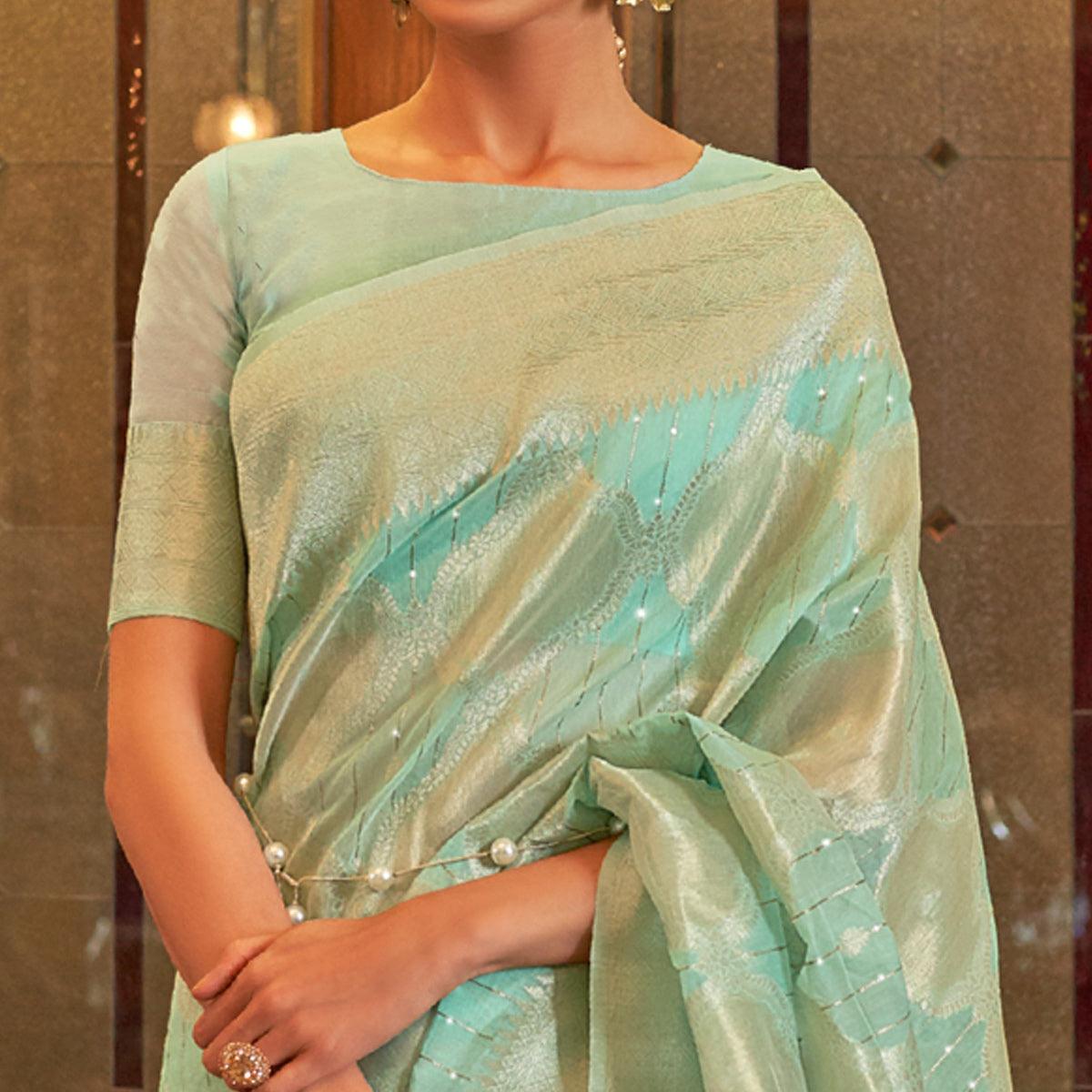 Sea Green Partywear Wear Woven Chanderi Saree - Peachmode